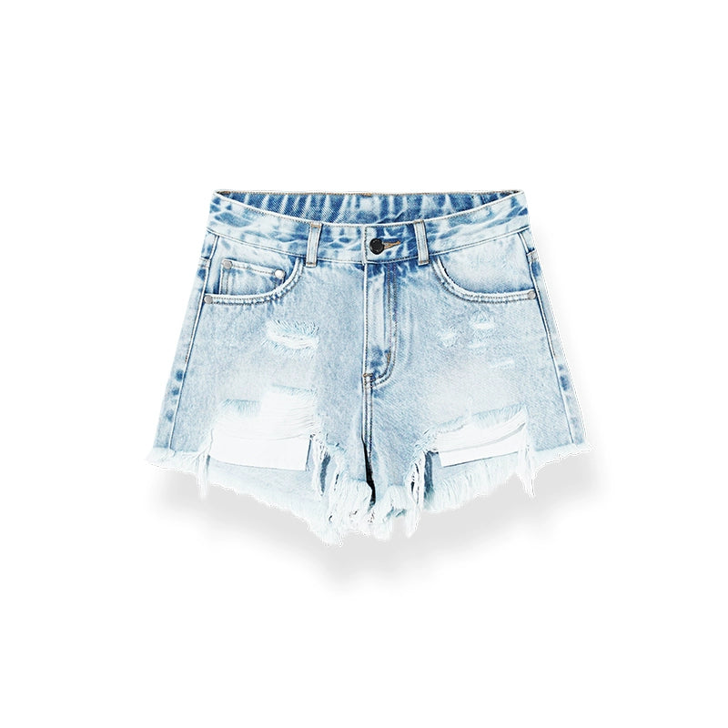 Blue Irregular Distressed Denim Shorts - CHINASQUAD