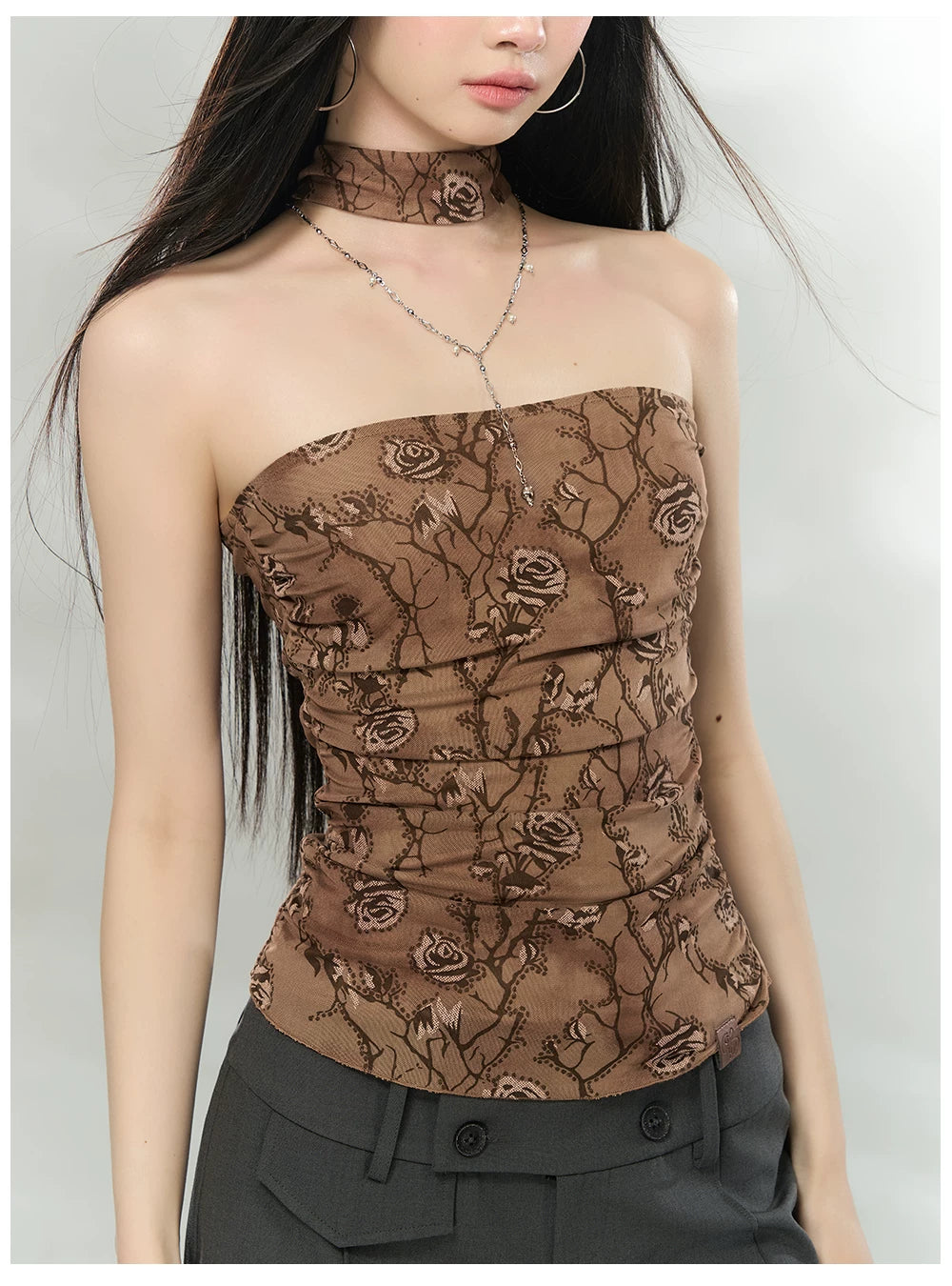 Floral Mesh Choker-Neck Strapless Top