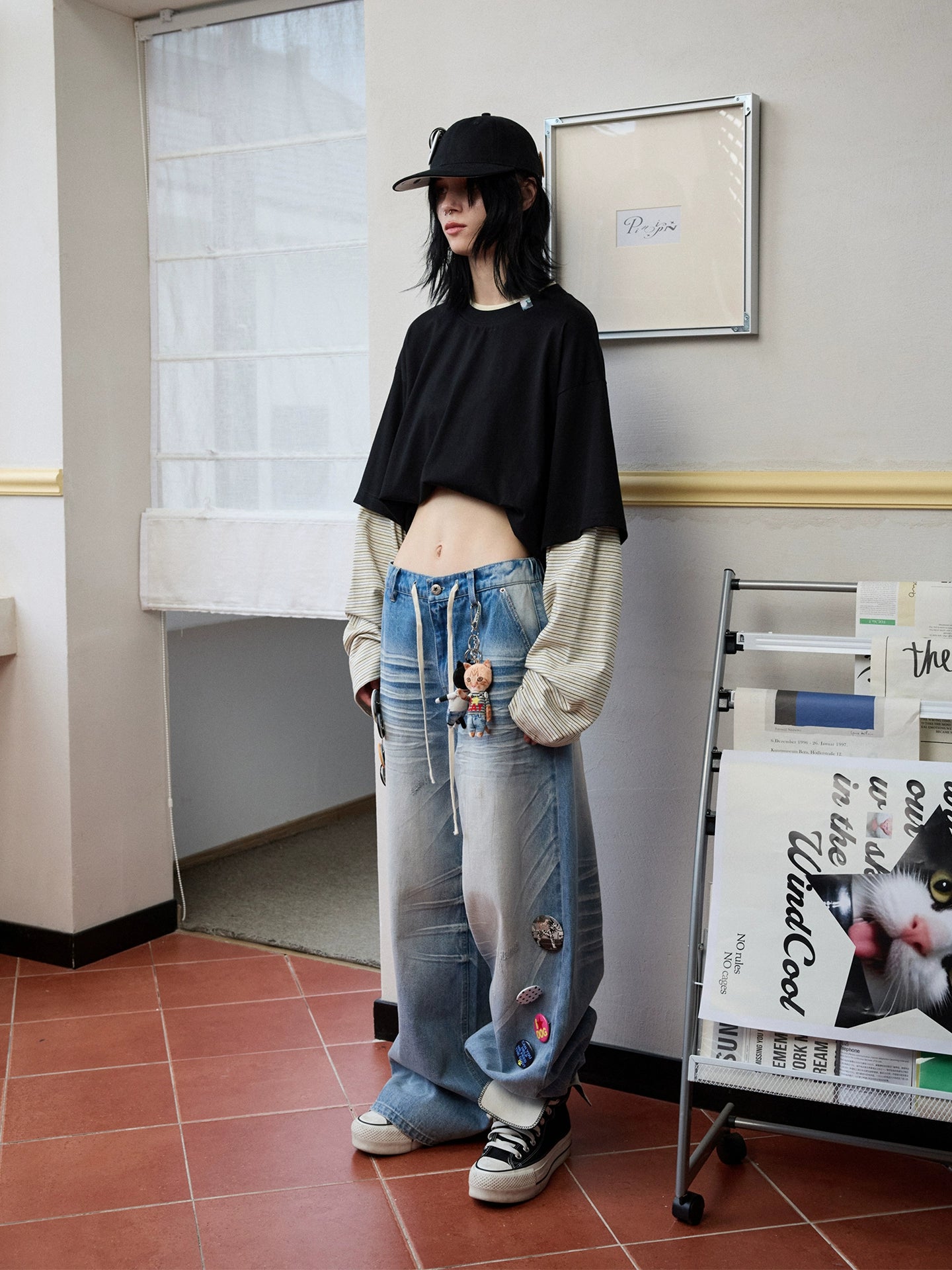 Fake Two-Piece Contrast Color Loose Striped T-Shirt - CHINASQUAD