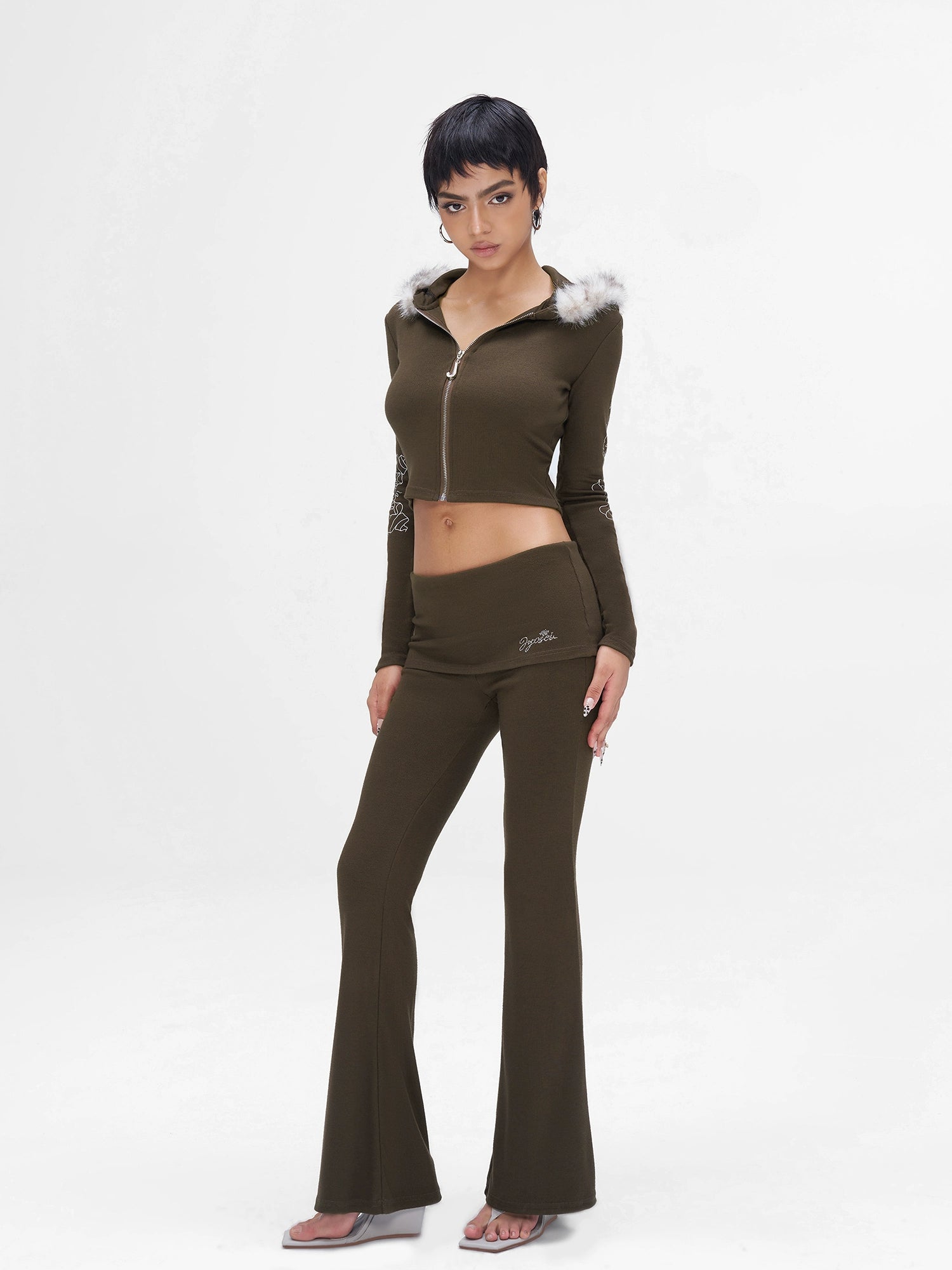 Knit Hooded Top & Flare Pants Set