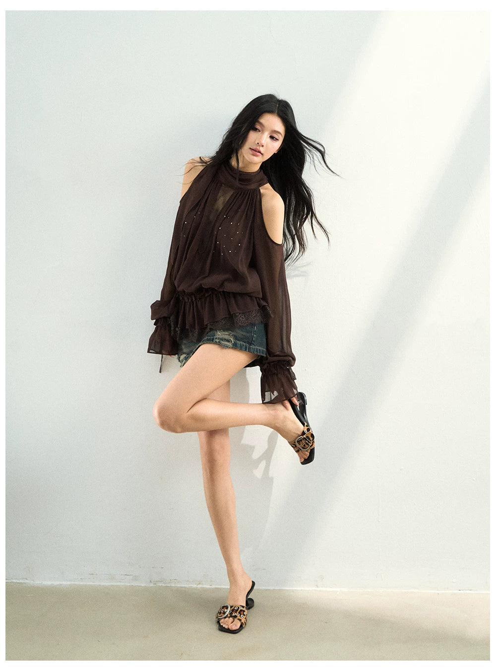 Rhinestone Sheer Chiffon Blouse