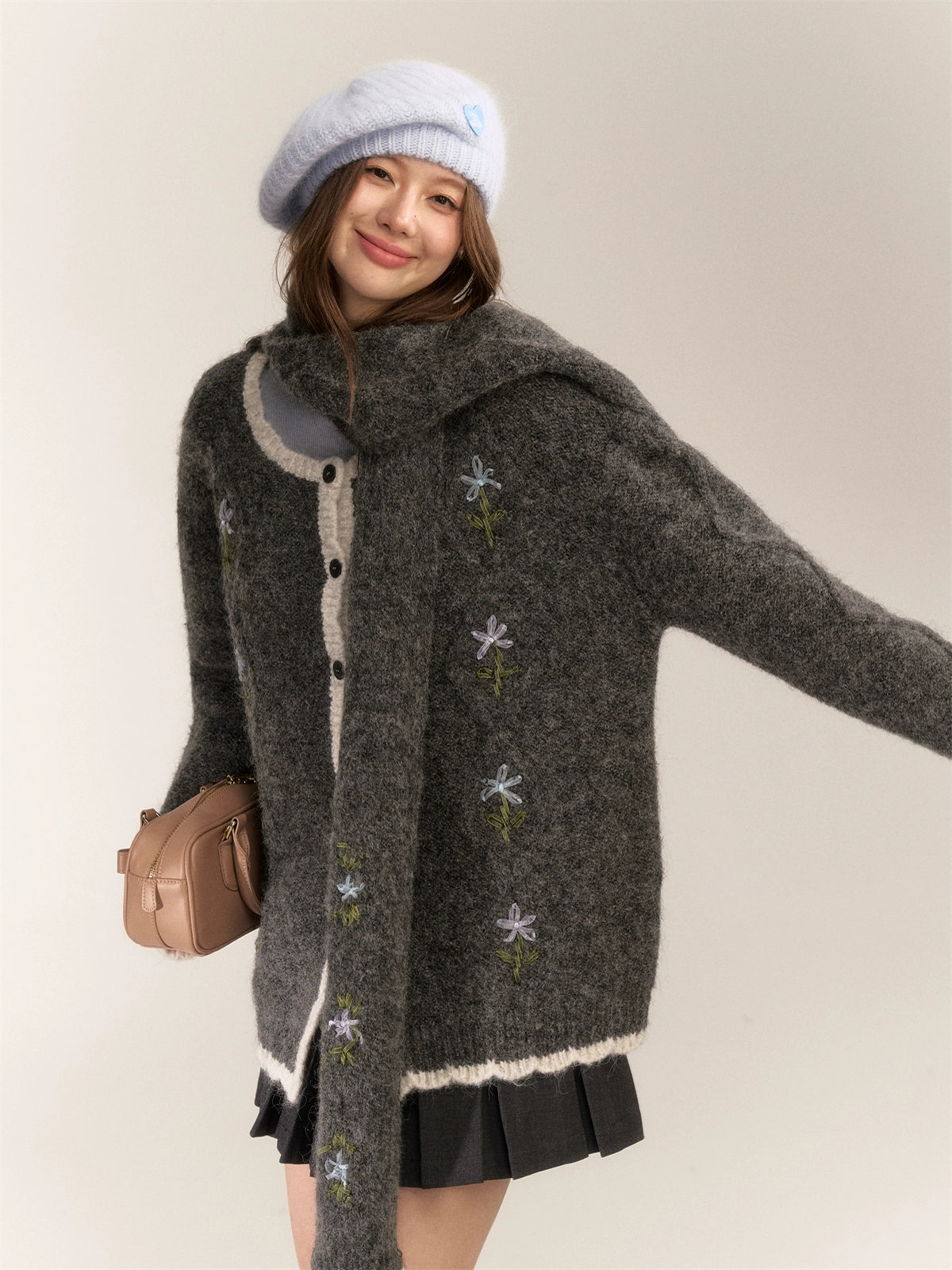 Handcrafted Floral Wool Knit Cardigan & Scarf - CHINASQUAD