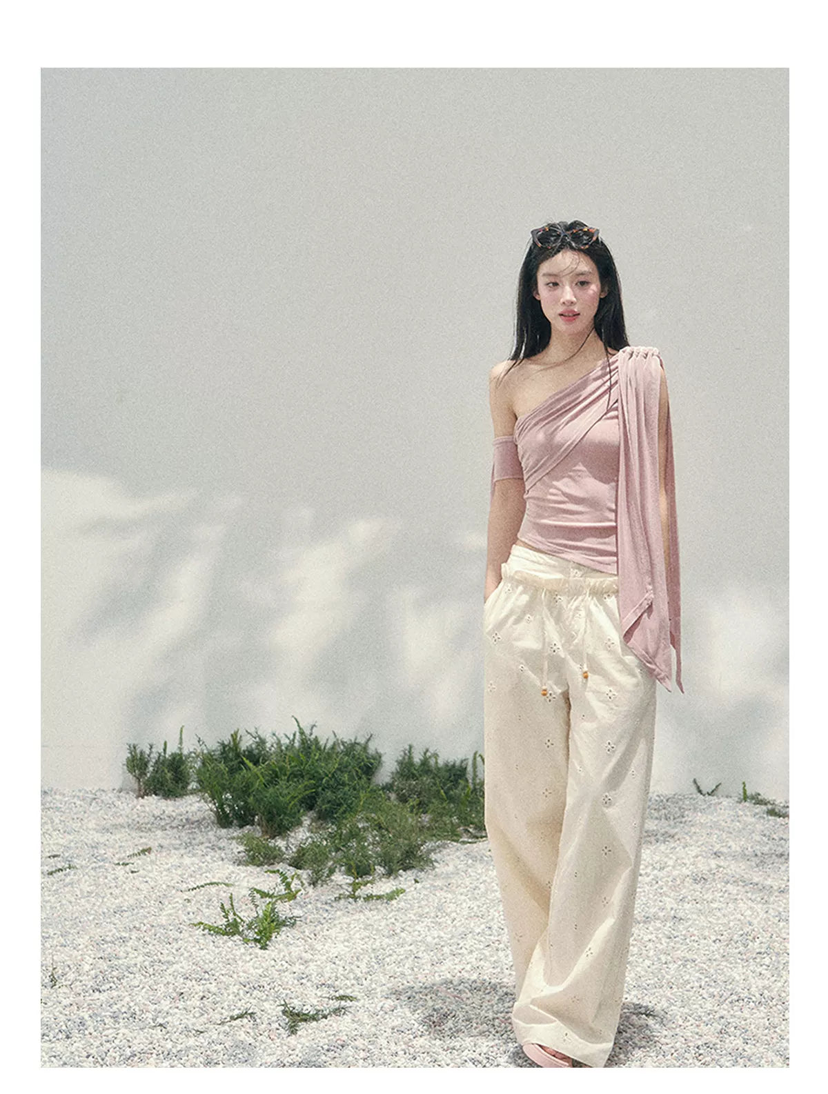 Coral Pink One-Shoulder Ribbon Blouse