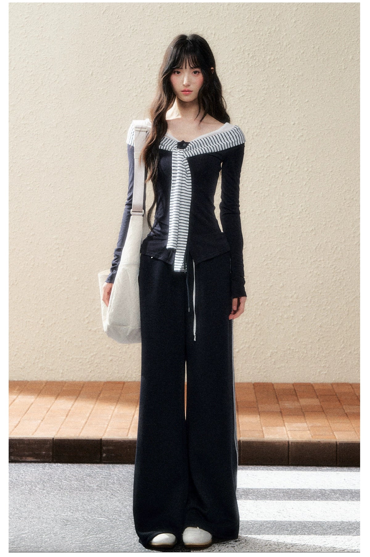 Navy Sailor-Collar Contrast Stripe Knit T-shirt - CHINASQUAD