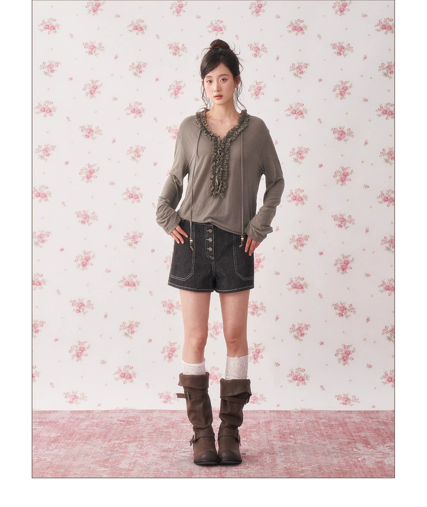 Ruffle Drawstring Sheer Knit Sun-Protective Long Sleeve Top