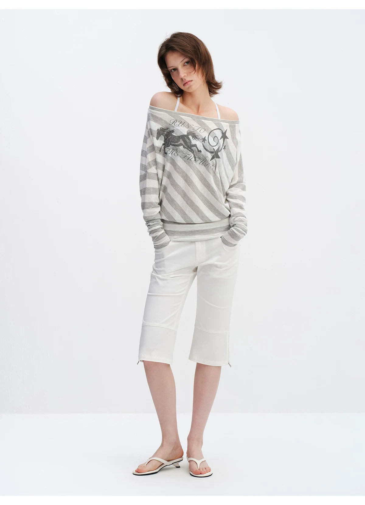 Grey Striped Off-Shoulder Graphic Long Sleeve Blouse