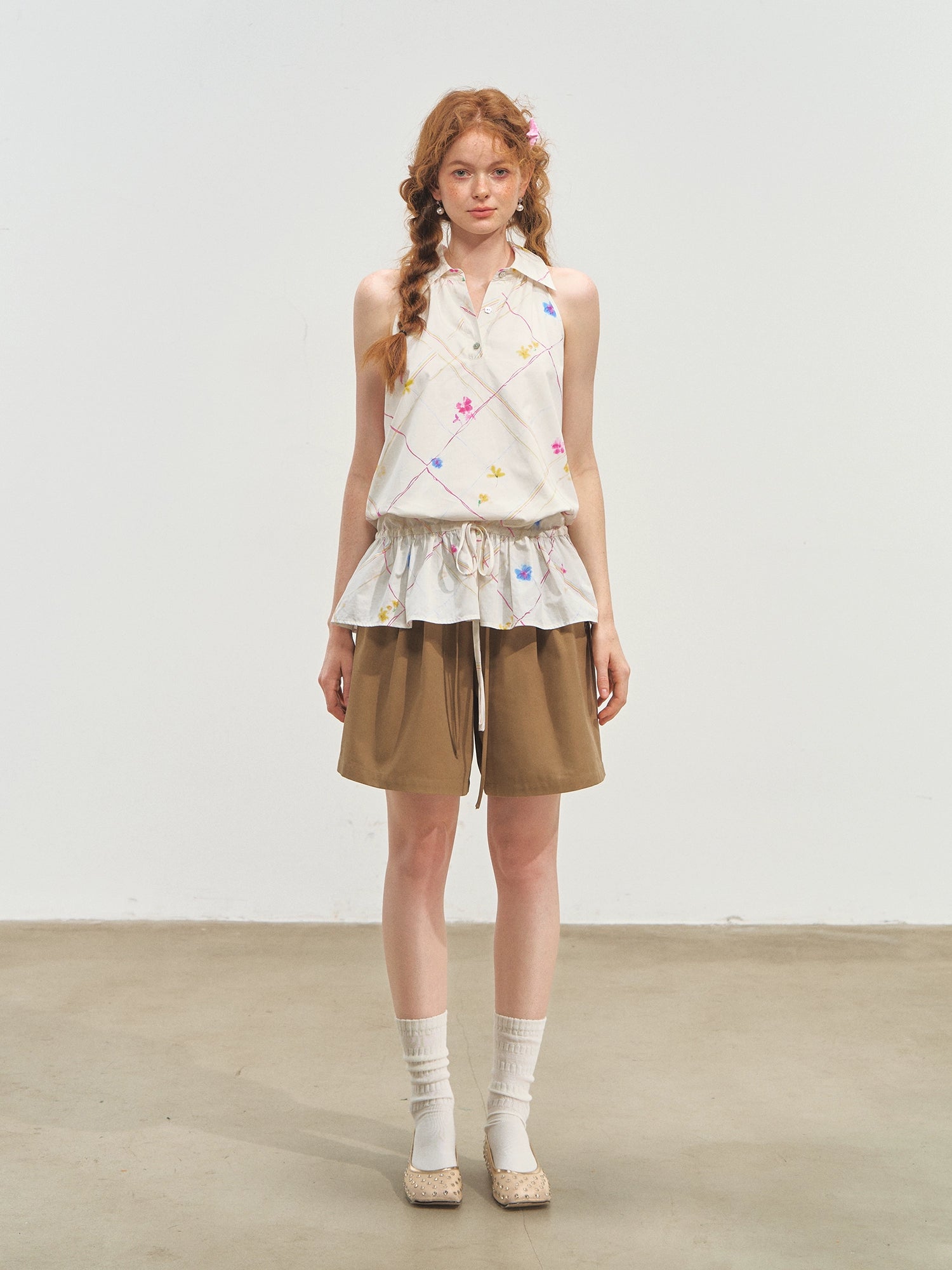 French-Style Printed Sleeveless Halter Tie-Up Top - CHINASQUAD