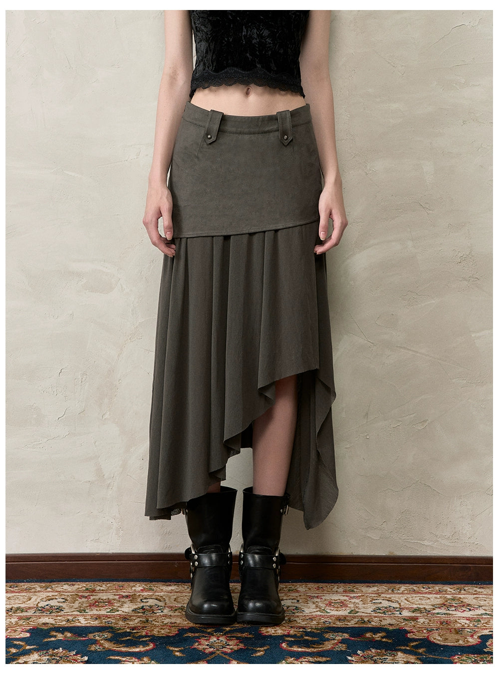 Irregular Spliced Vintage Pleated Skirt - CHINASQUAD