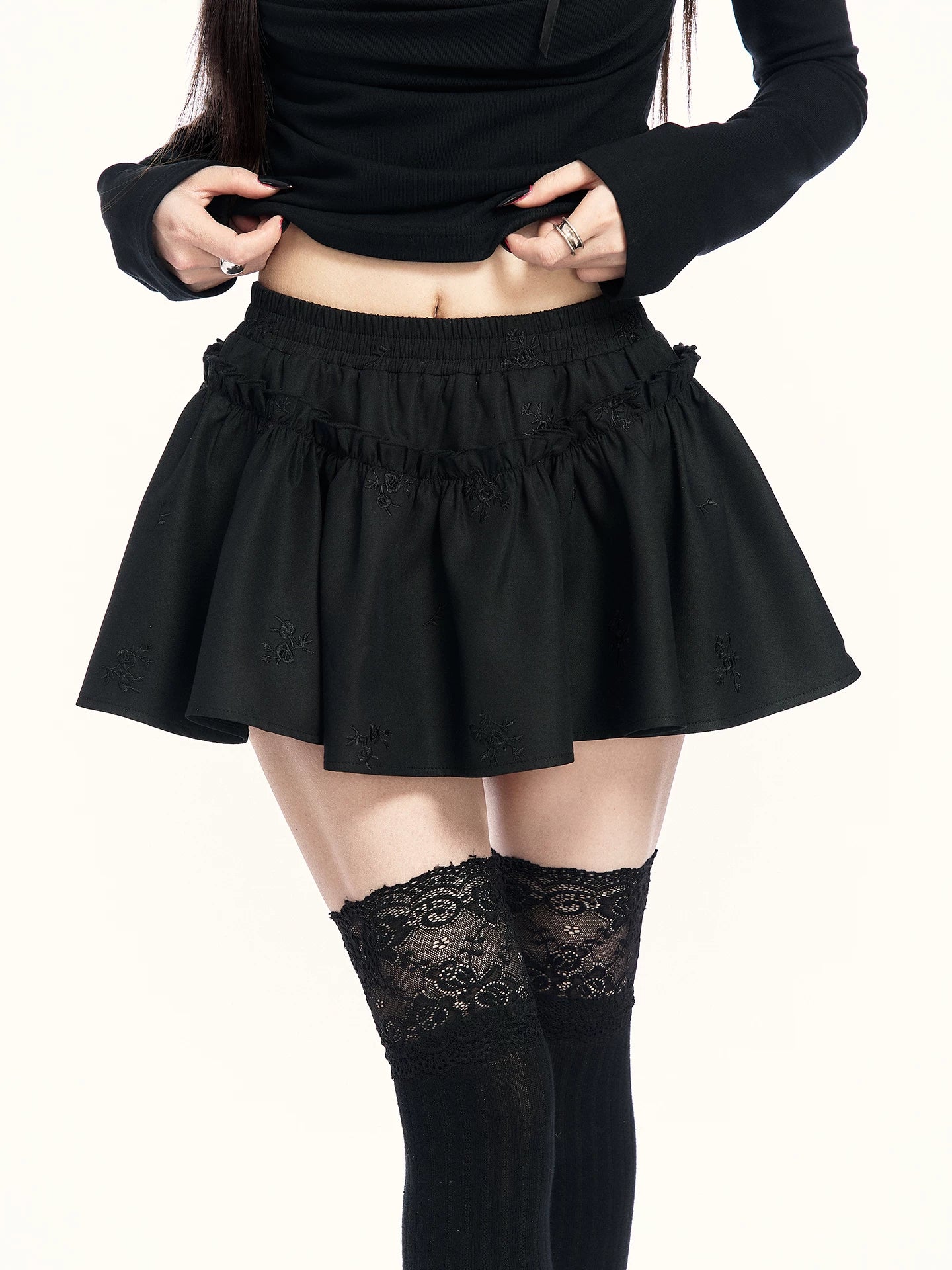 Embroidered Elastic-Waist A-Line Mini Skirt