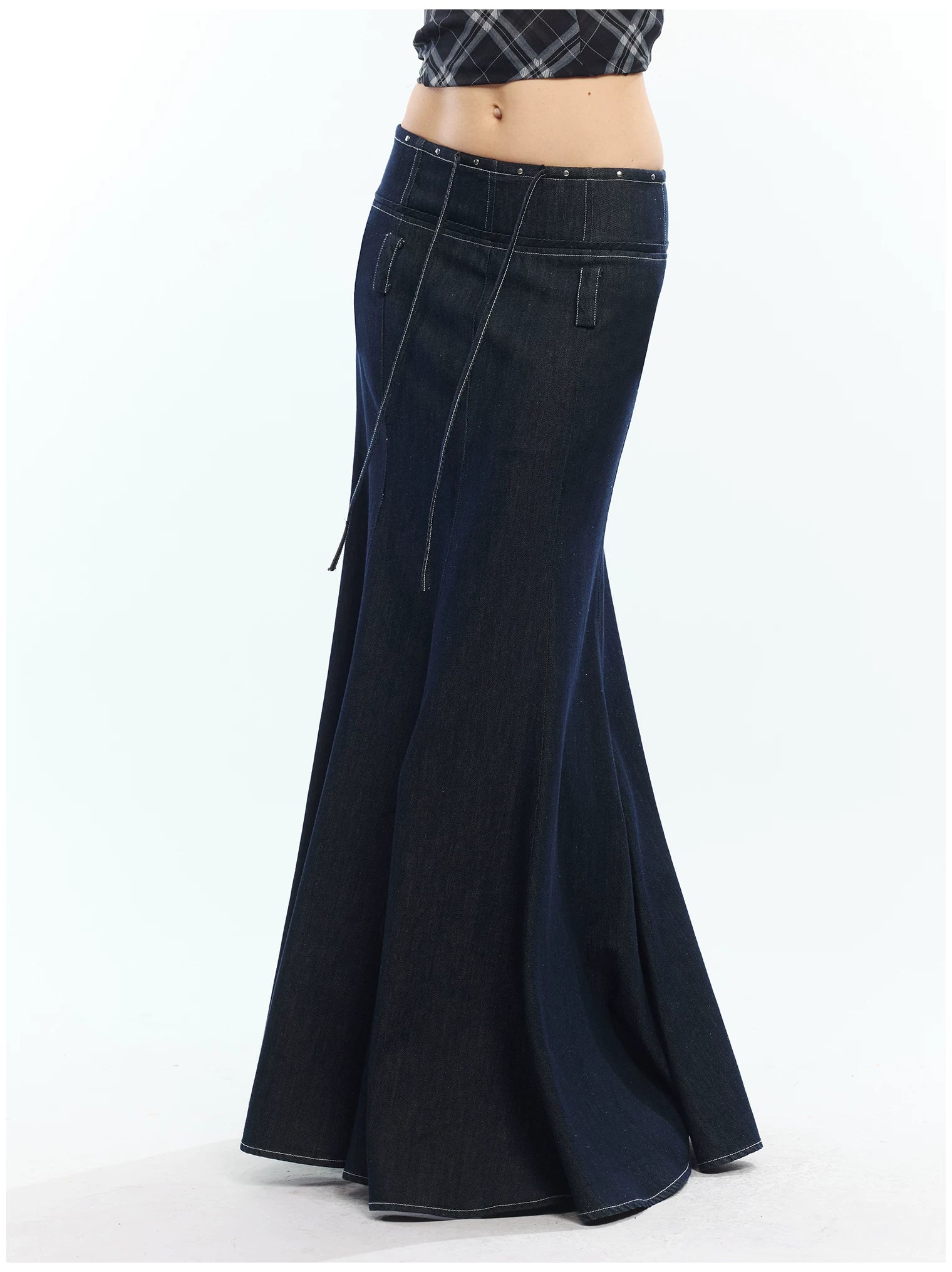 Lyocell Denim Rivet-Detail Fishtail Maxi Skirt