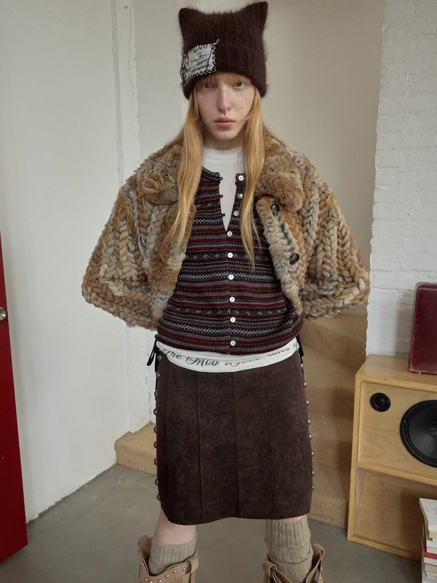 Suede Studded High-Waist Midi Skirt