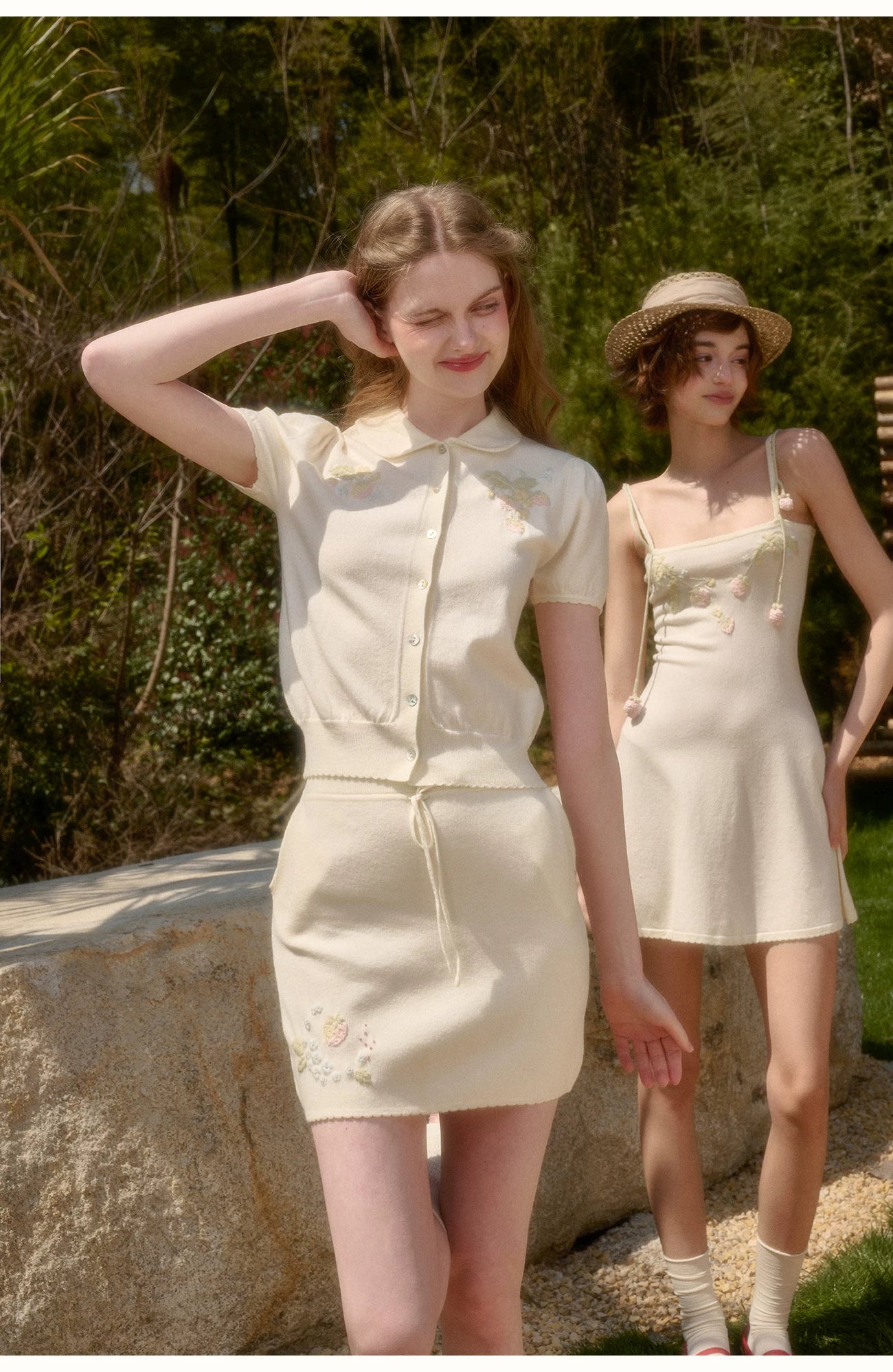 White Strawberry Embroidered Soft Knit Three-Piece Set