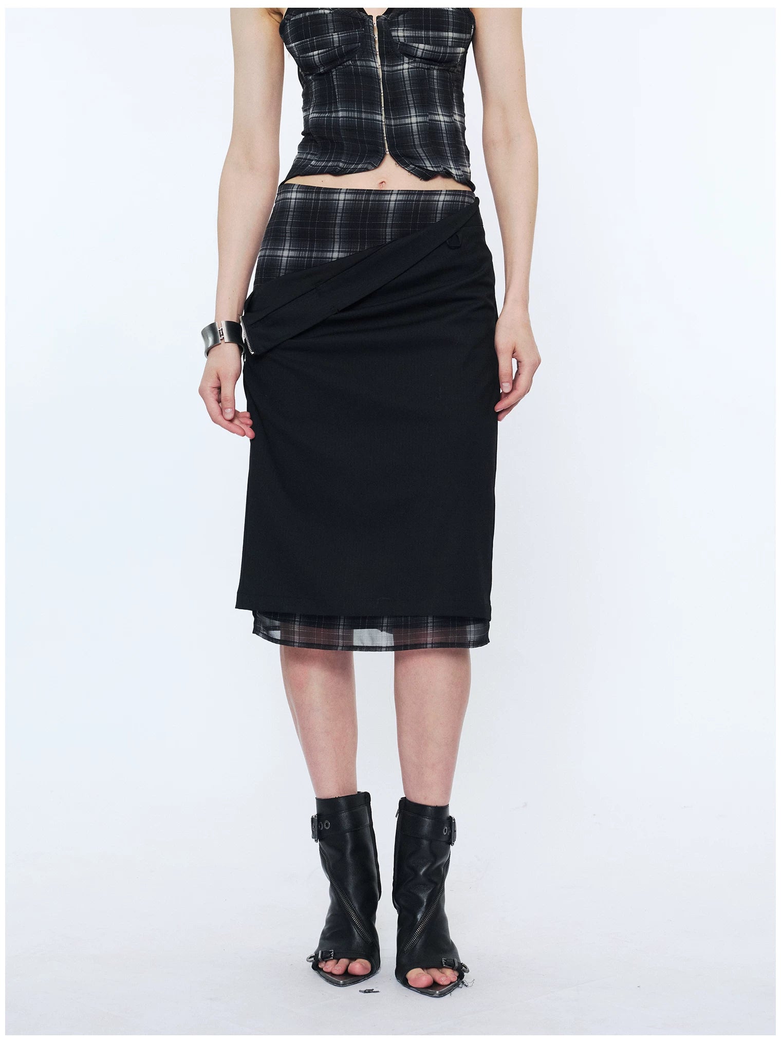 Deconstructed Check Patchwork Straight Midi Skirt