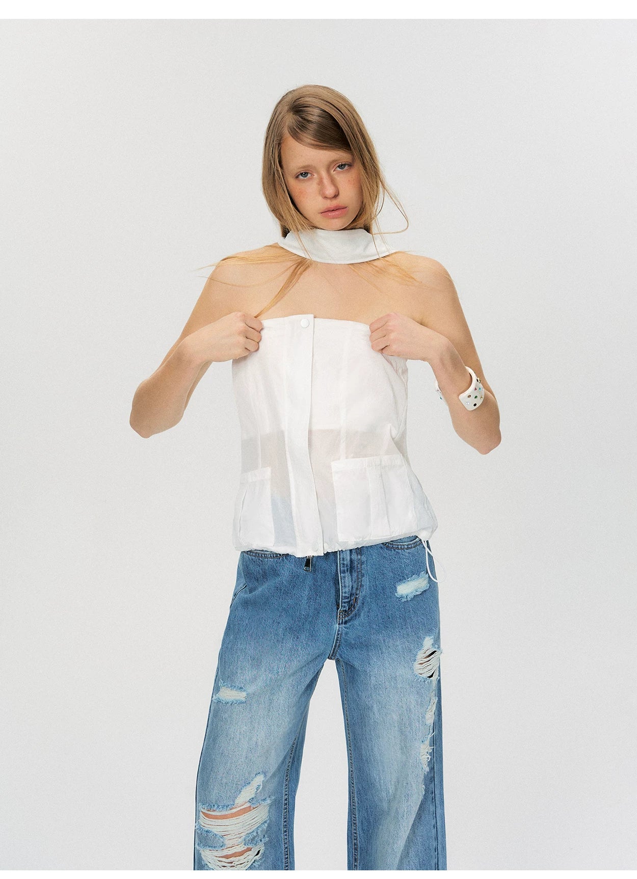 Sheer Utility-Inspired Strapless Peplum Top