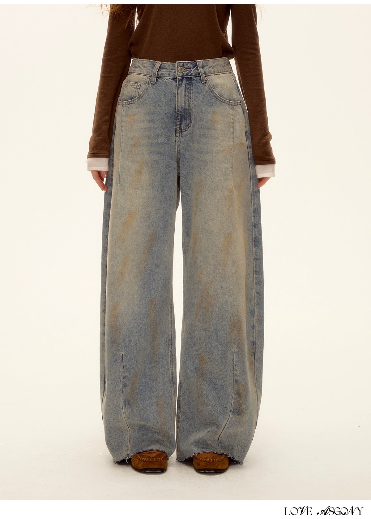 Vintage Washed Distressed Wide-Leg Denim Pants
