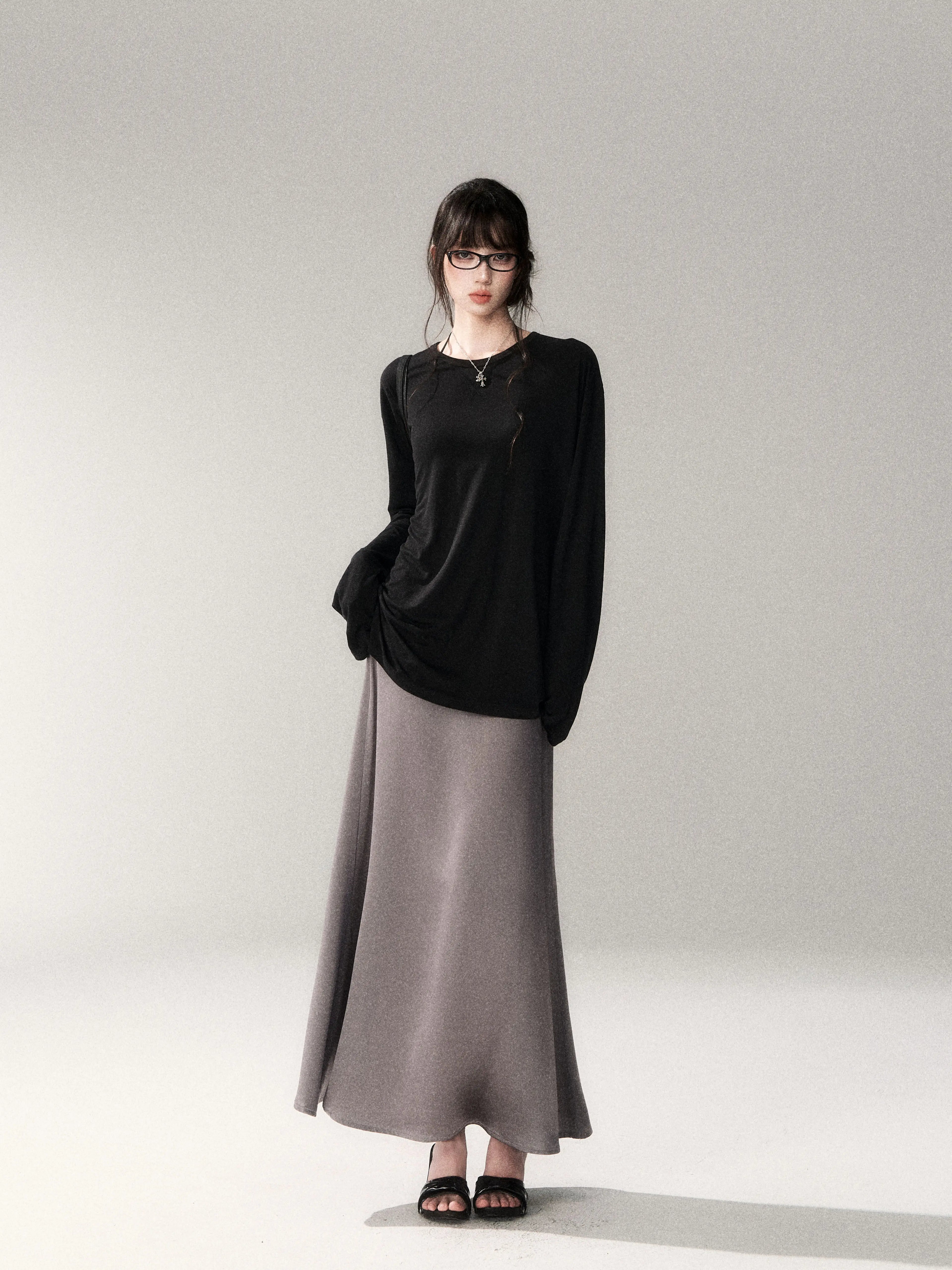 French Satin Acetate A-Line Midi Skirt
