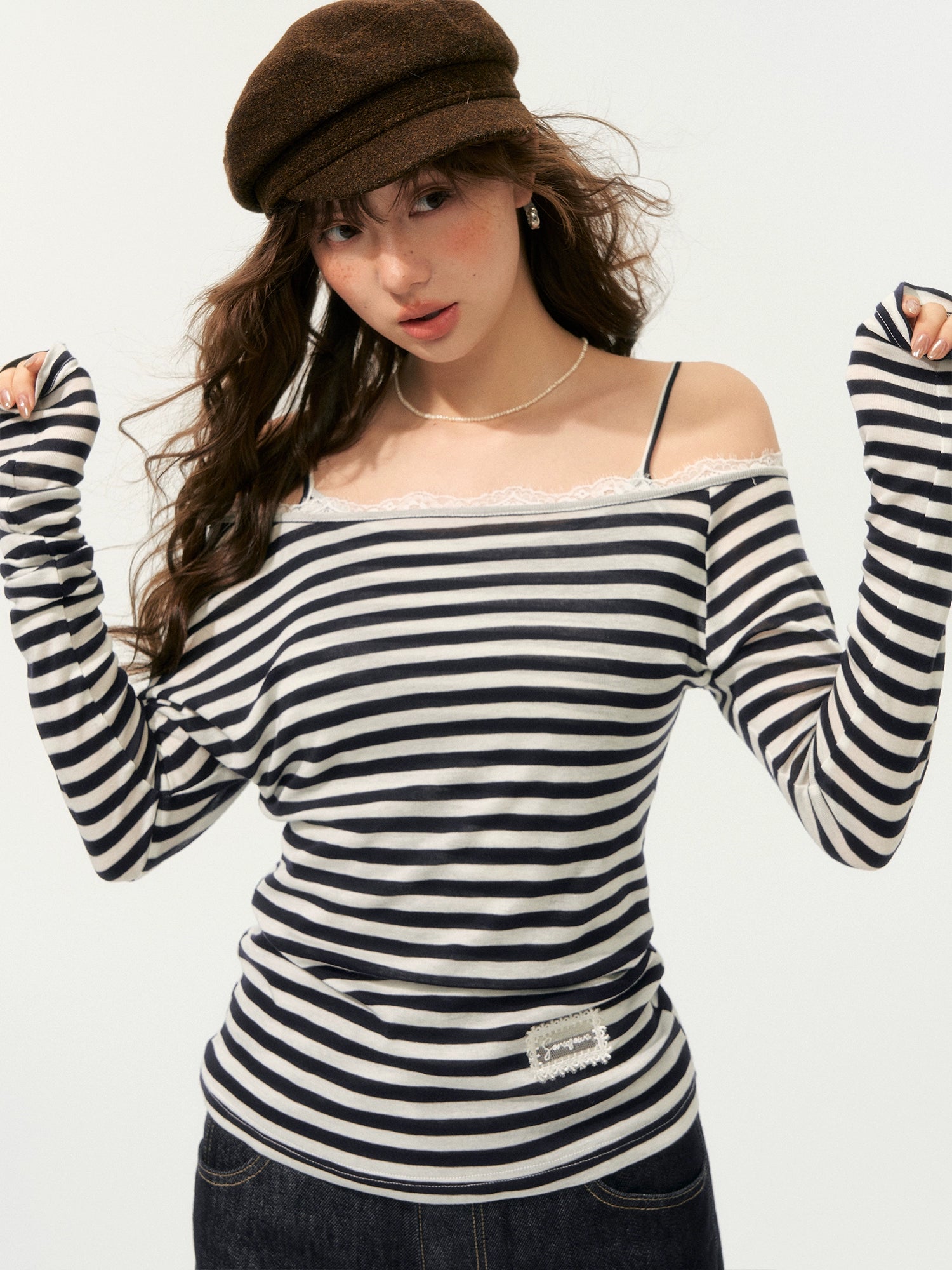 Striped Off Shoulder Fake Two-Piece T-Shirt - CHINASQUAD
