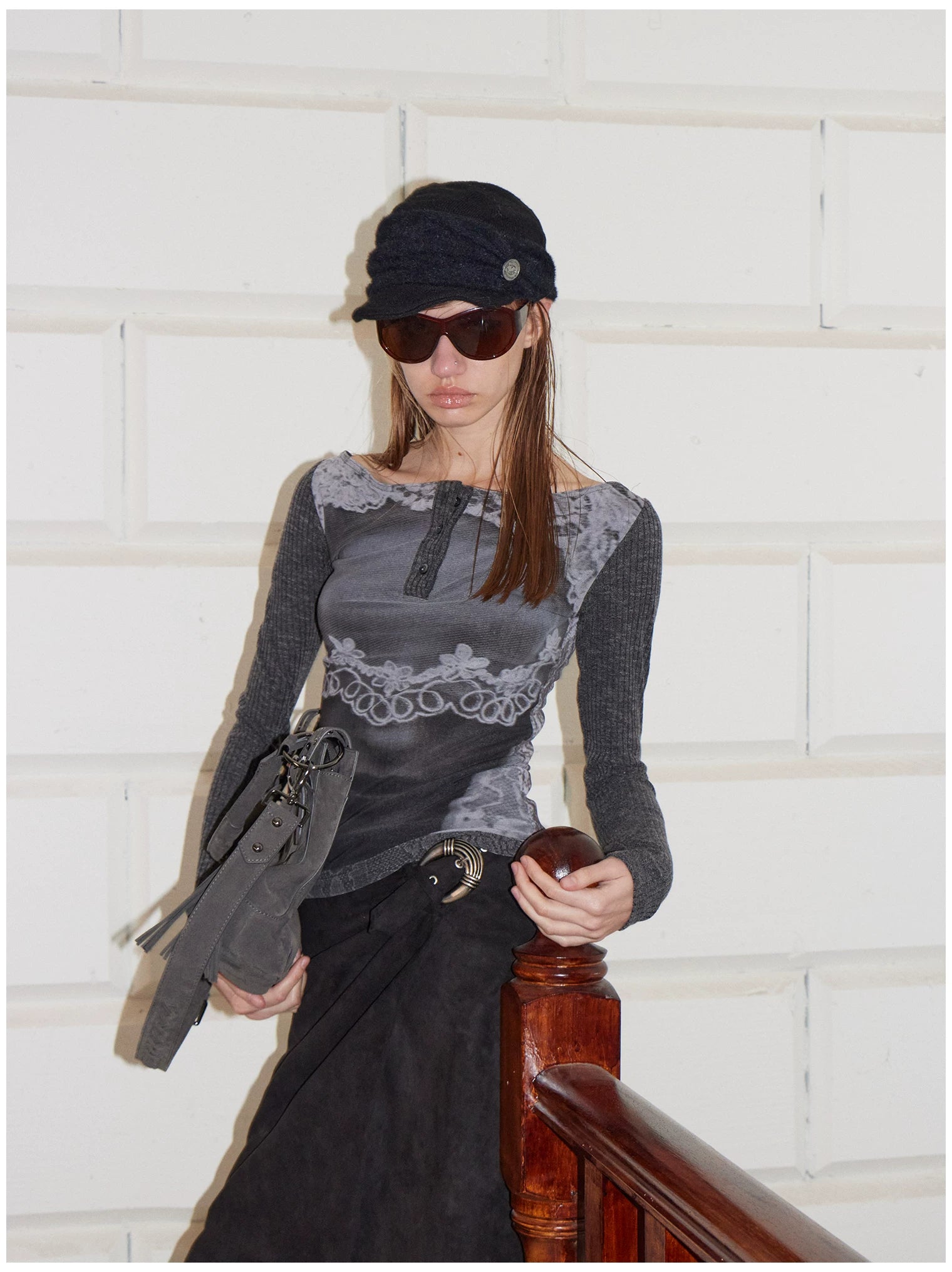 Reversible Face Print Henley Studded Sleeve Base Top