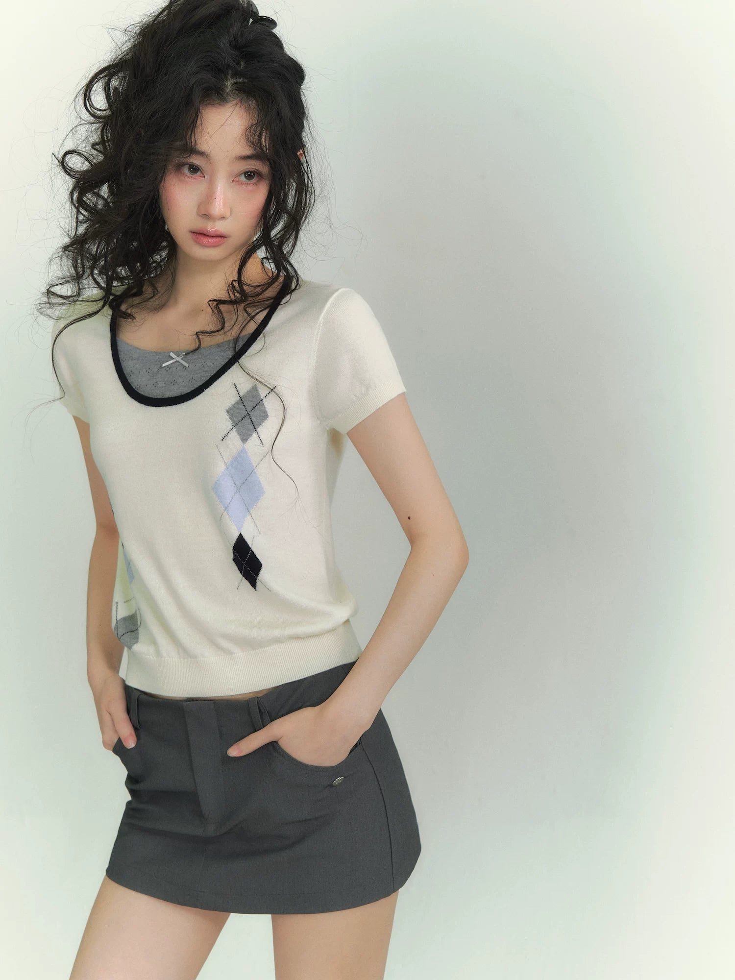 Argyle Color-Block Layered Short Sleeve Top