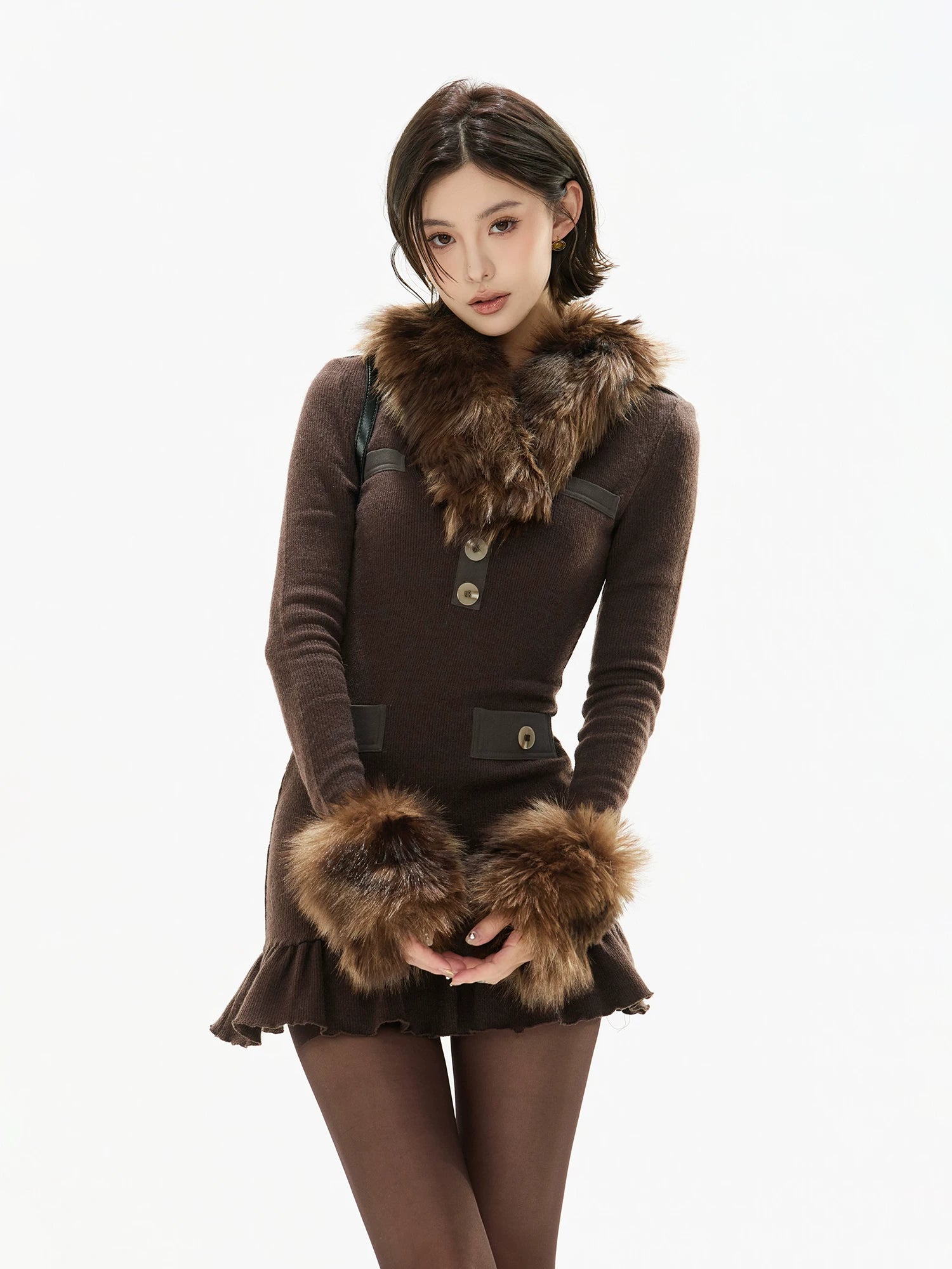 Cold Heiress Detachable Fur-Collar Mini Dress