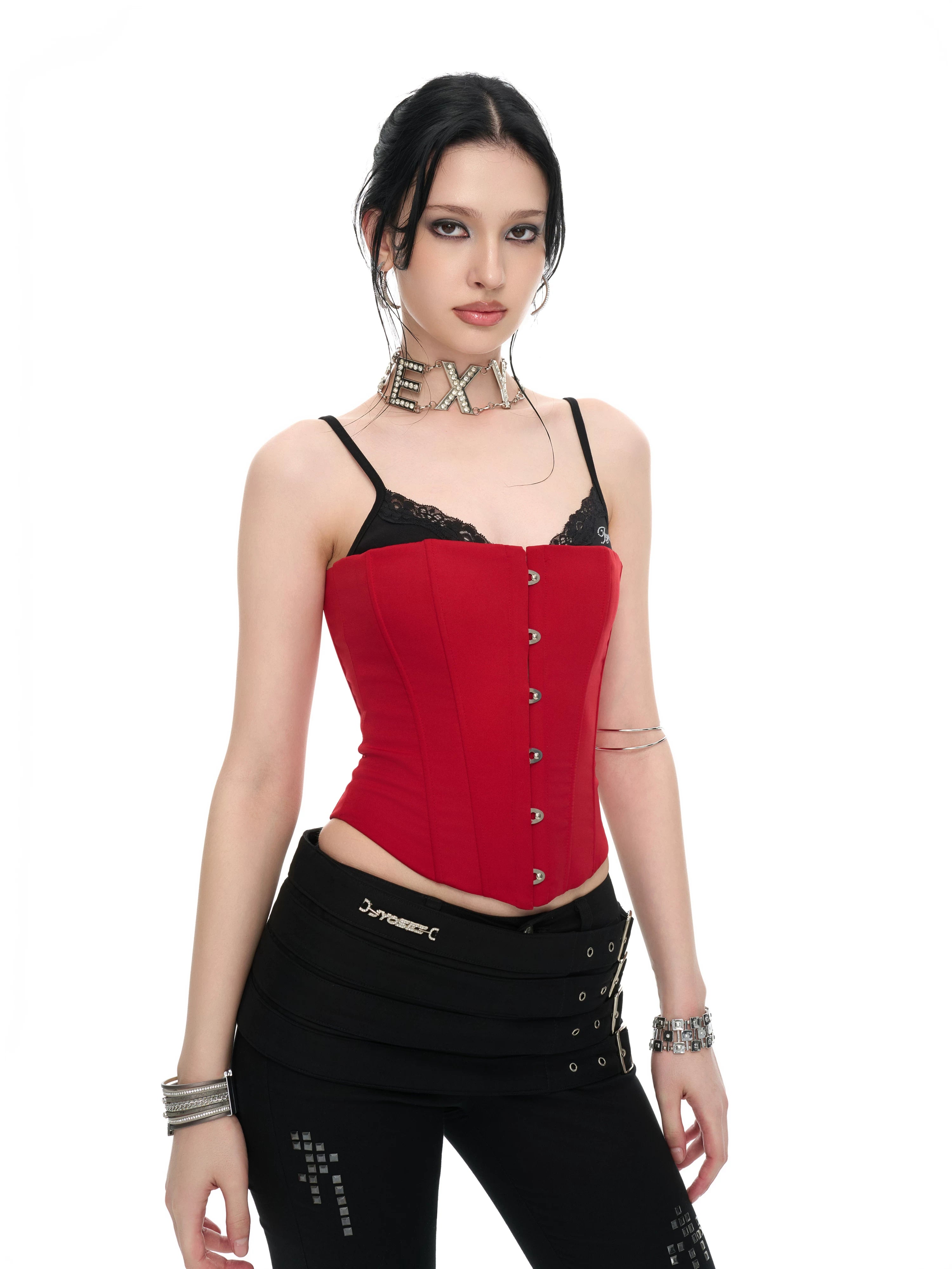 Crimson Lace Panel Hook Corset Camisole Top