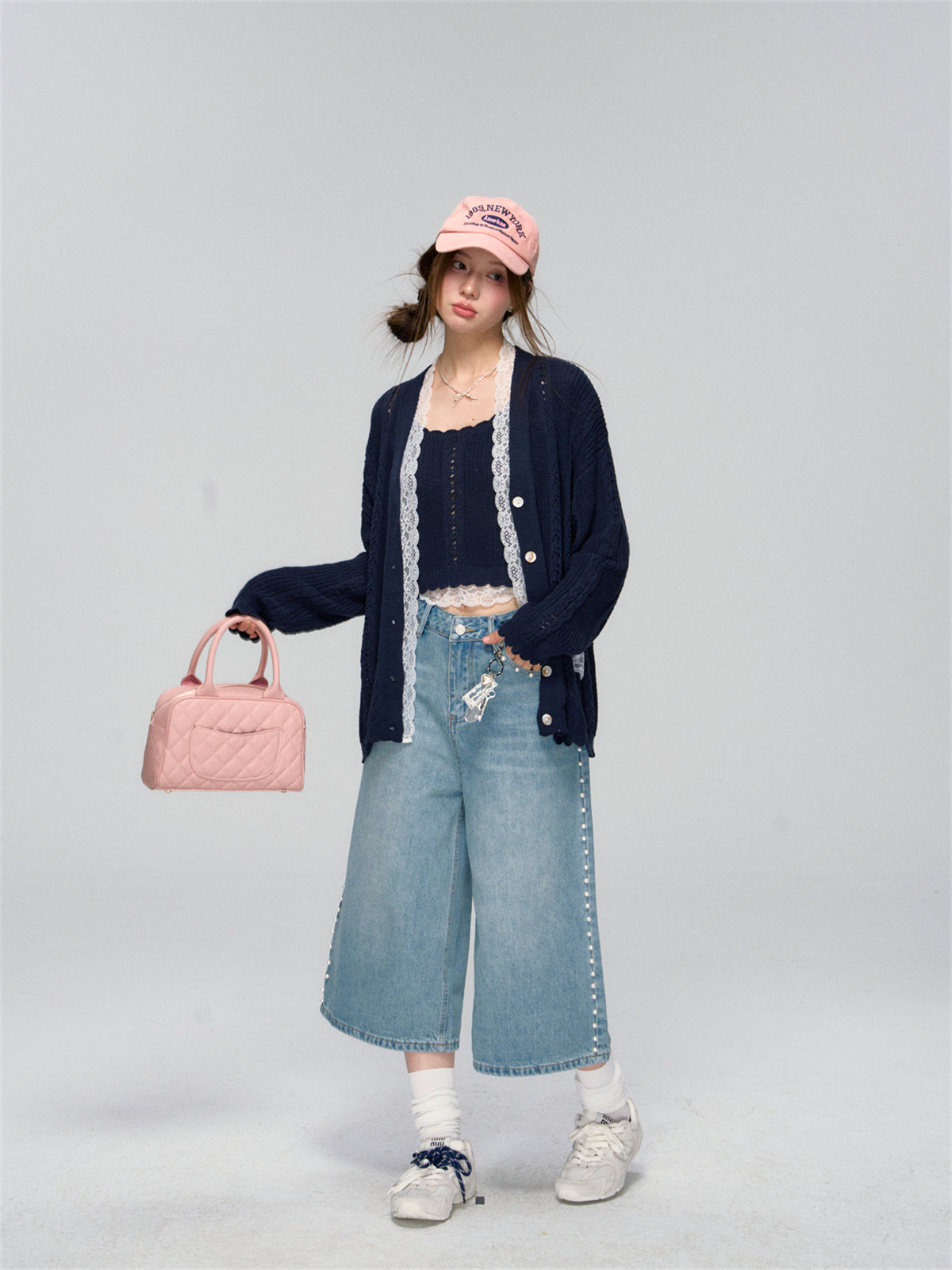 Side Seam Beaded Wide-leg Cropped Jeans - CHINASQUAD