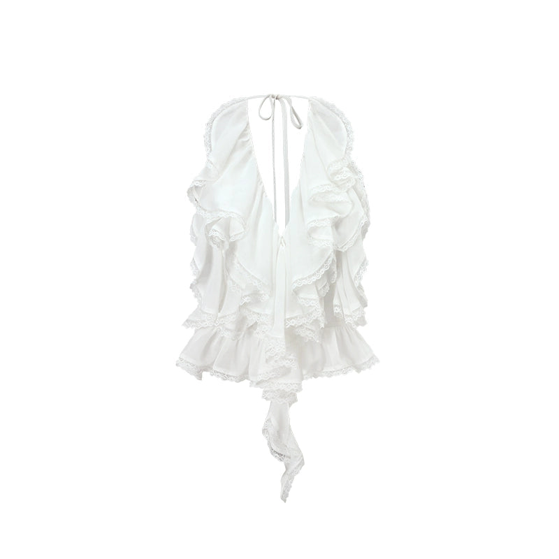 Black & White Ruffled Lace Edges Halter Blouse - CHINASQUAD