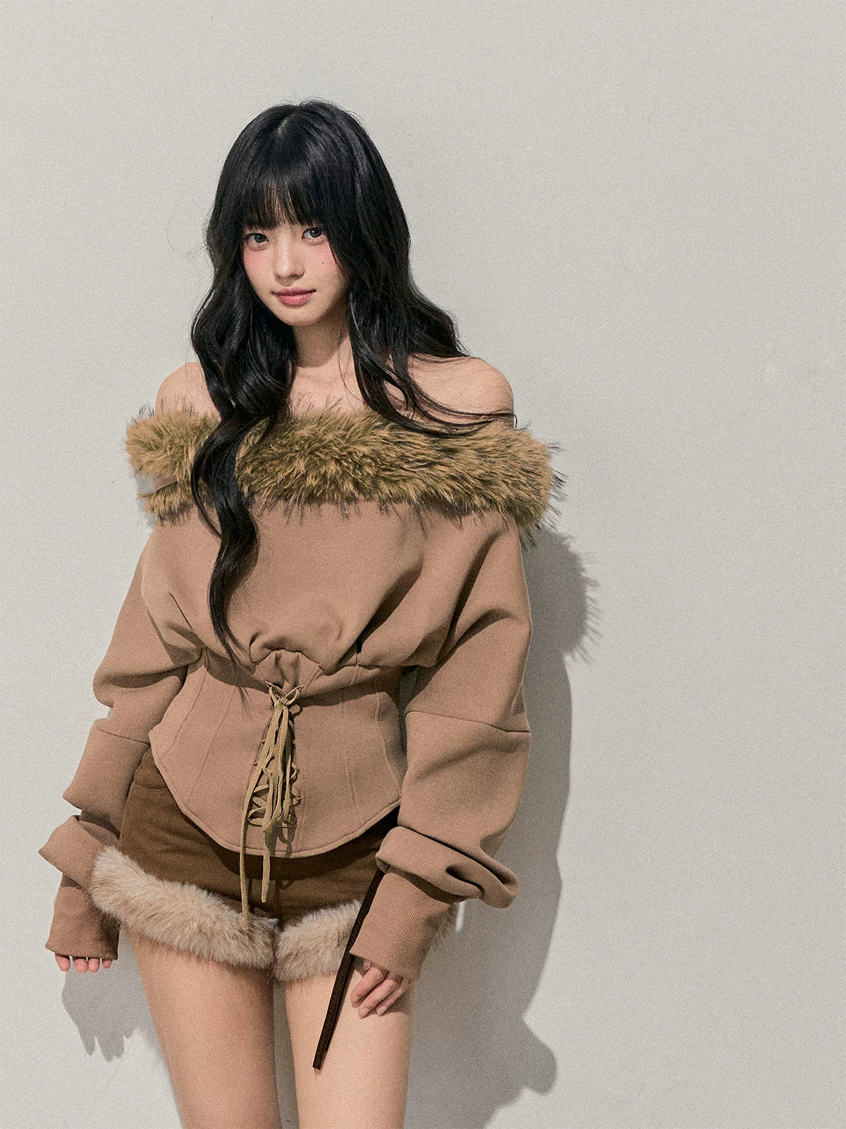 French Off-Shoulder Fuzzy Knit T-Shirt