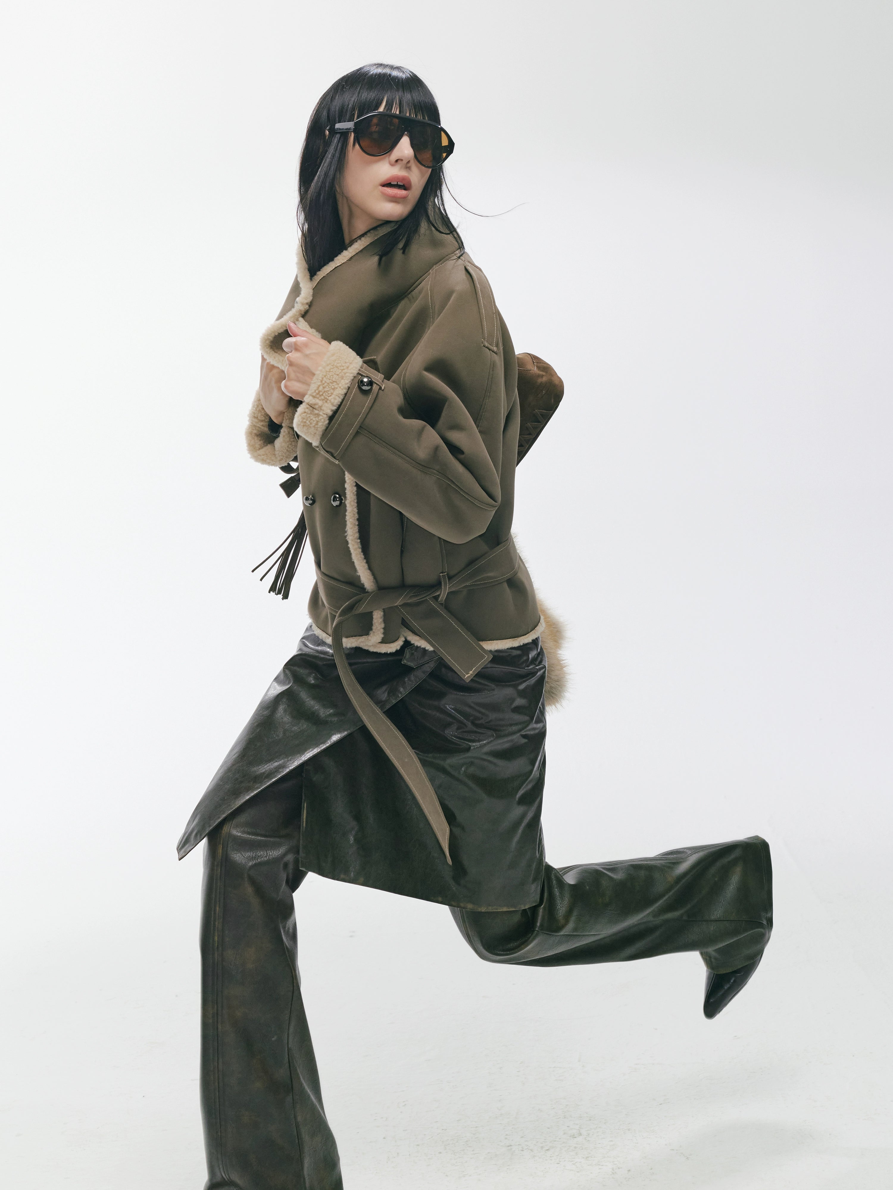 Contrast Fleece-Panelled Shearling Short Coat