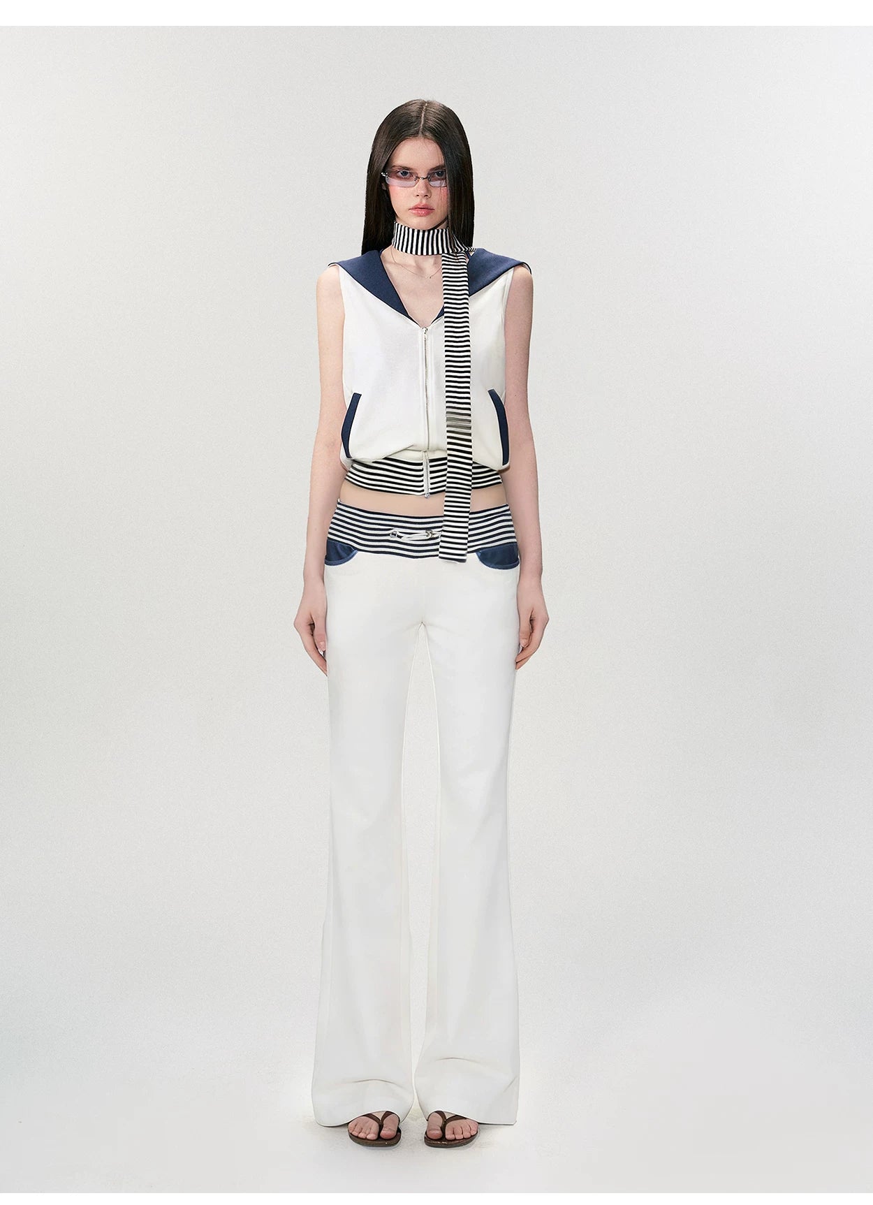 Color-Block Nautical Sailor Collar Sleeveless Top