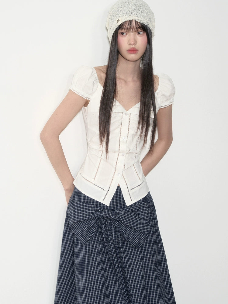 Lapel Waist-Cinching Lace Elastic Shirt - CHINASQUAD