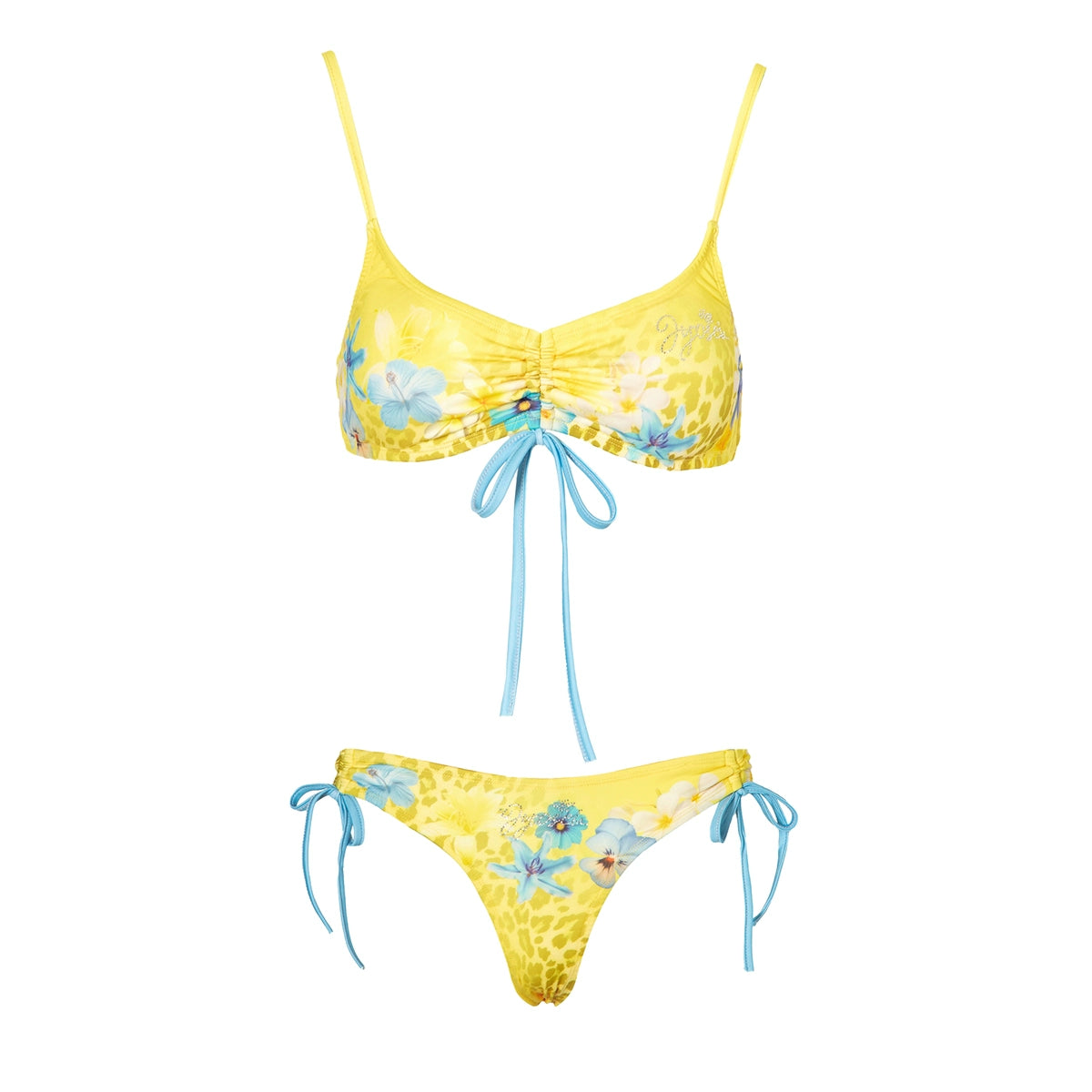 Yellow–Blue Contrast Print Tie Bikini Set