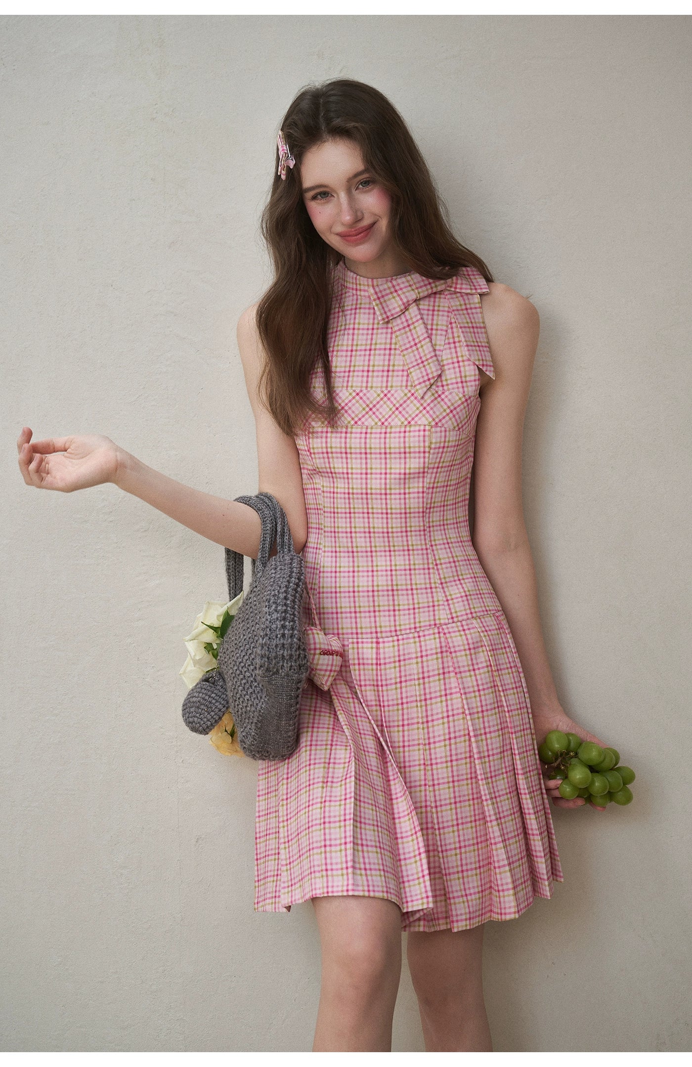 Mint & Strawberry Check Halter Dress