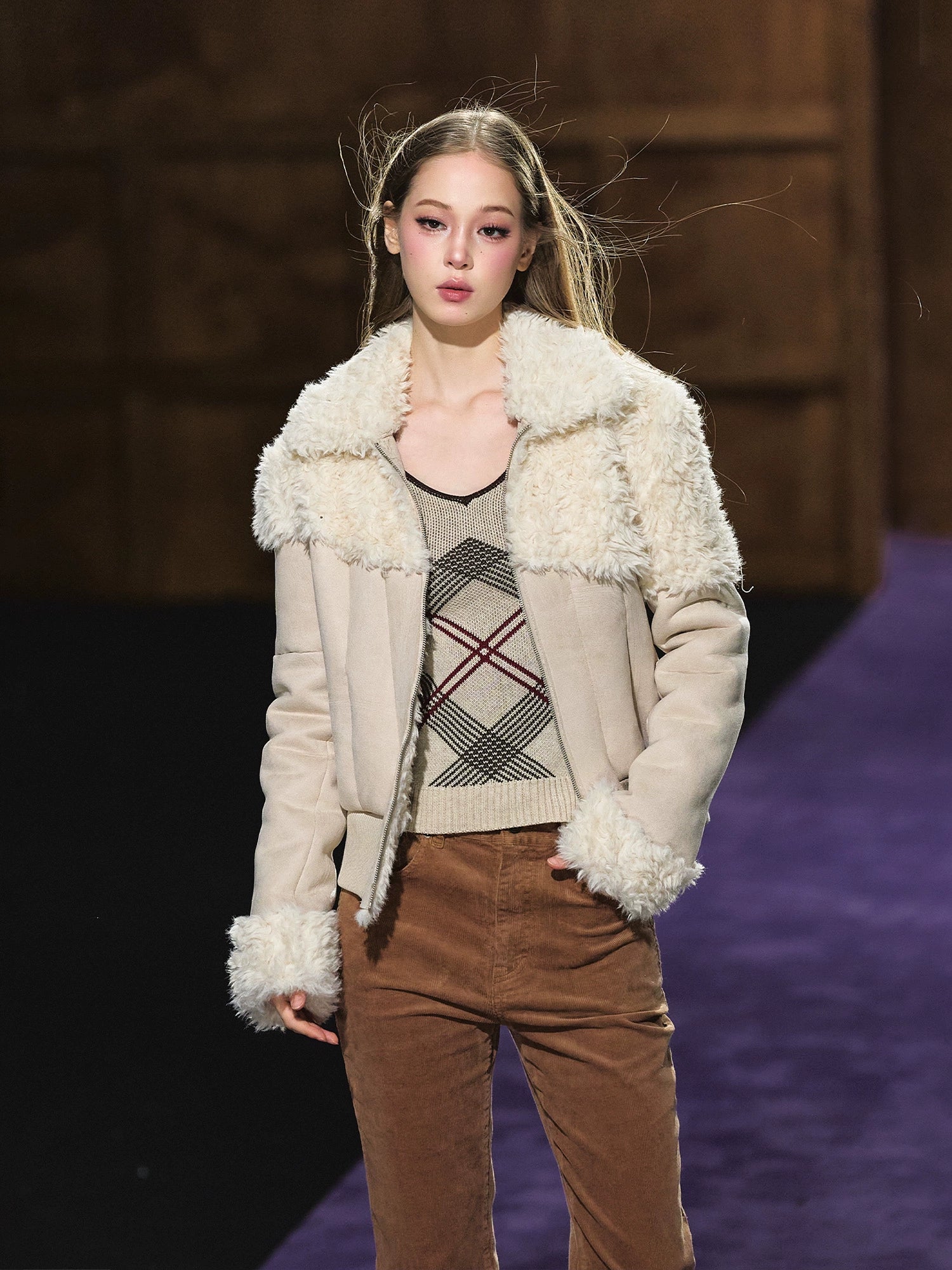 Faux Shearling Fitted Fur-Collar Jacket