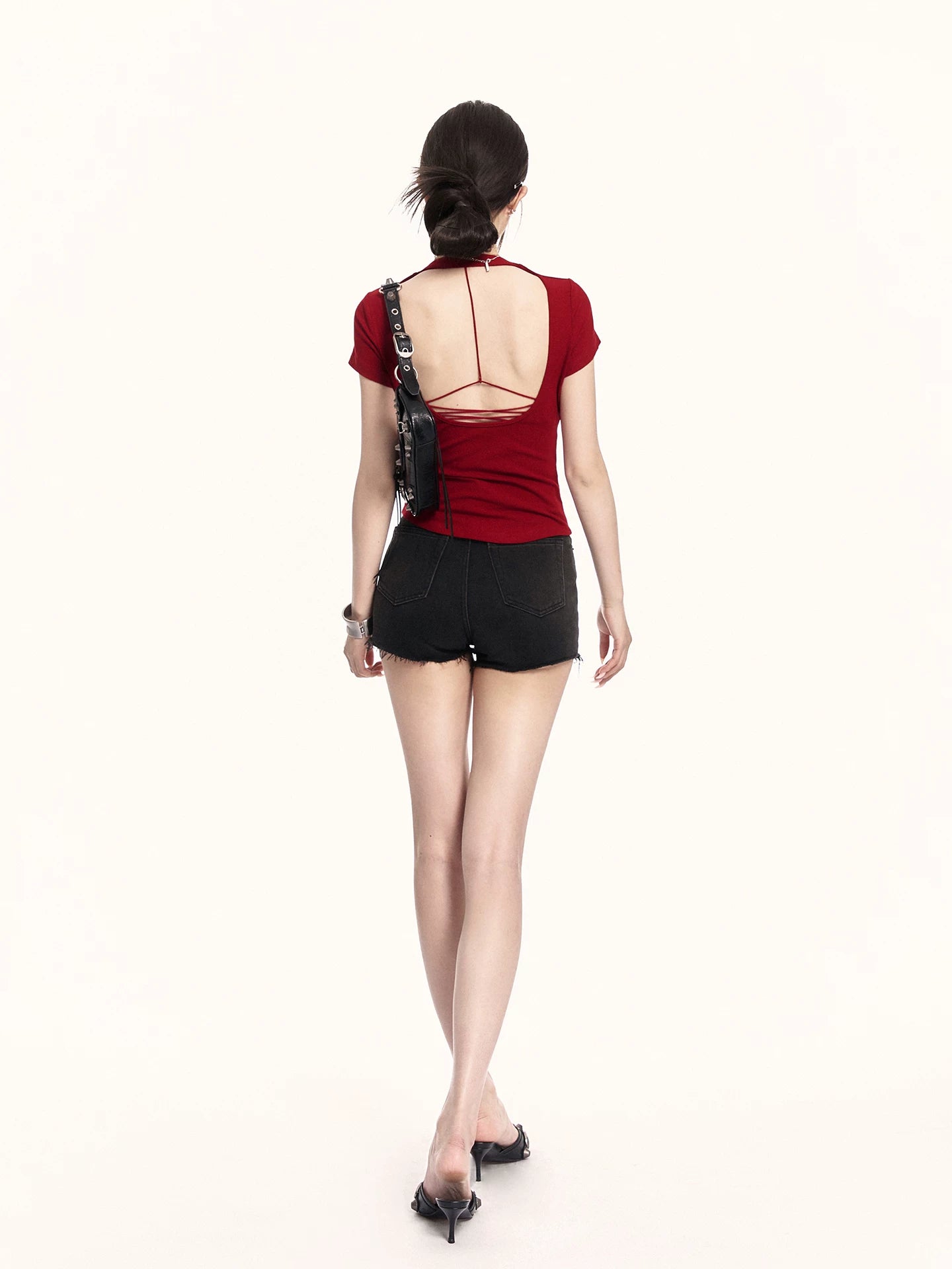 Backless Lace-Up Slim Fit Cropped T-Shirt