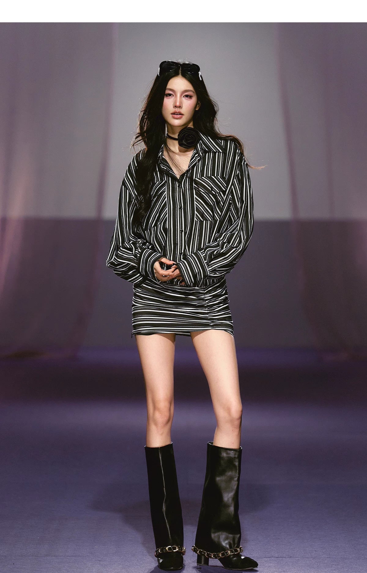Striped Relaxed Shirt Dress with Satin Flower Brooch