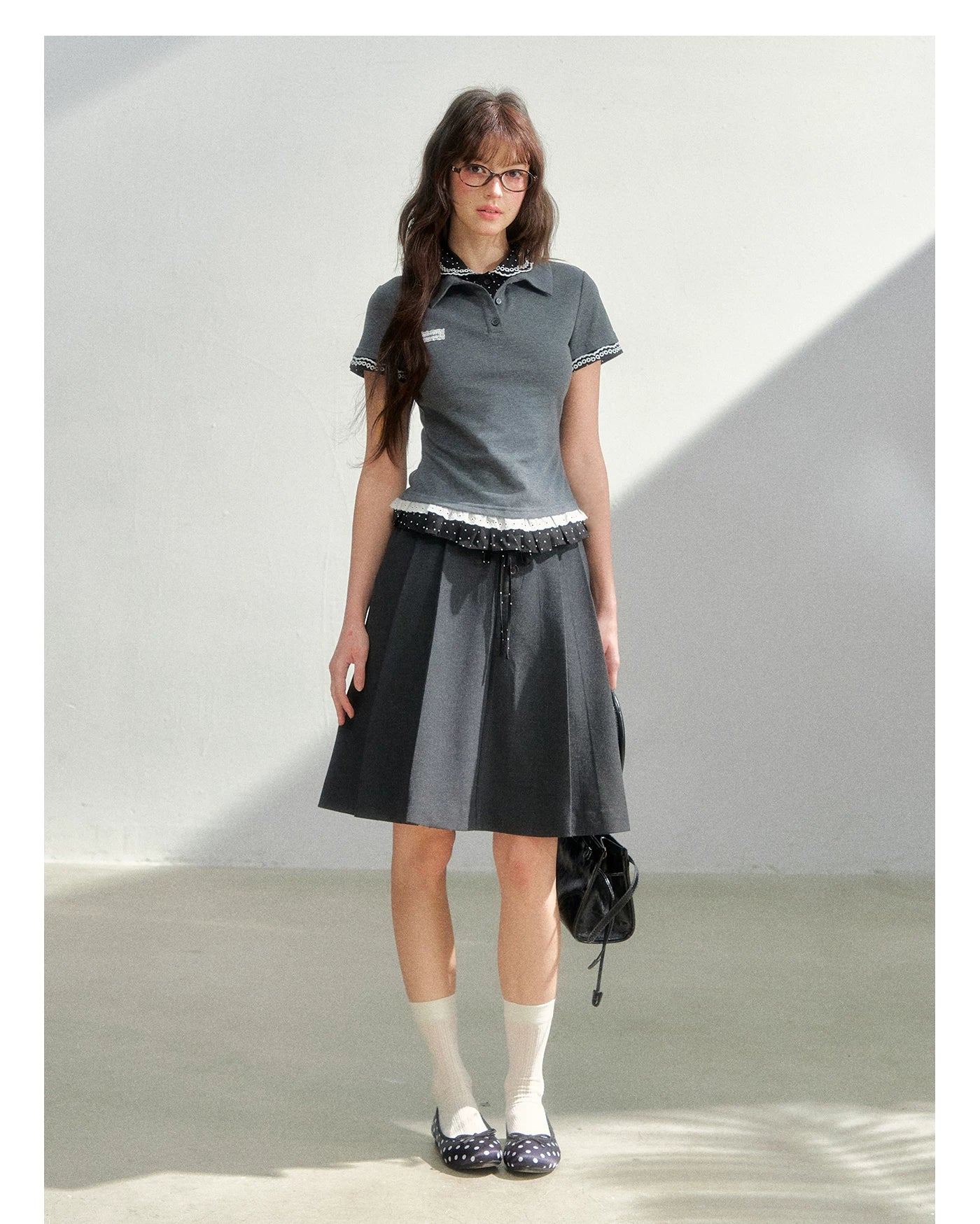 Vintage Layered Polka Dot Collar Knit Polo Tee