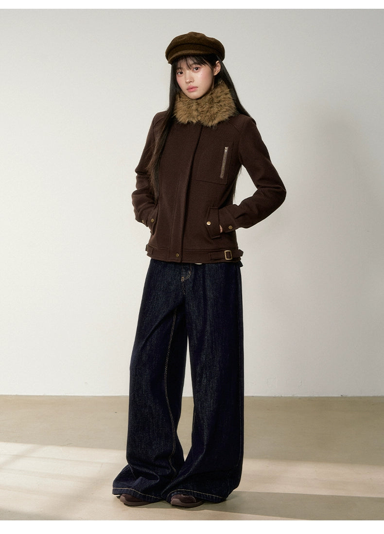 Brown Faux Fur Collar Slim Wool Jacket - CHINASQUAD