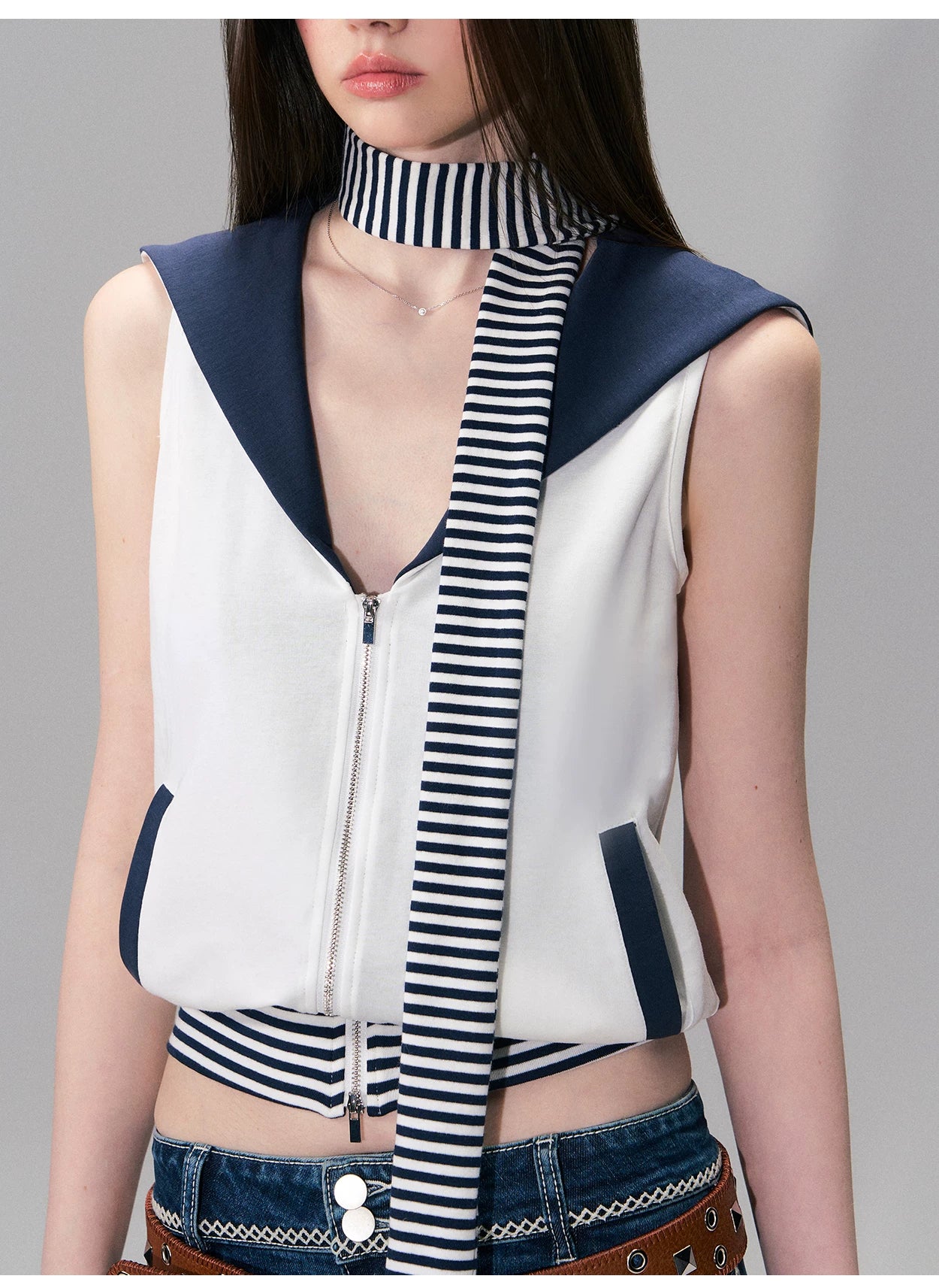 Color-Block Nautical Sailor Collar Sleeveless Top