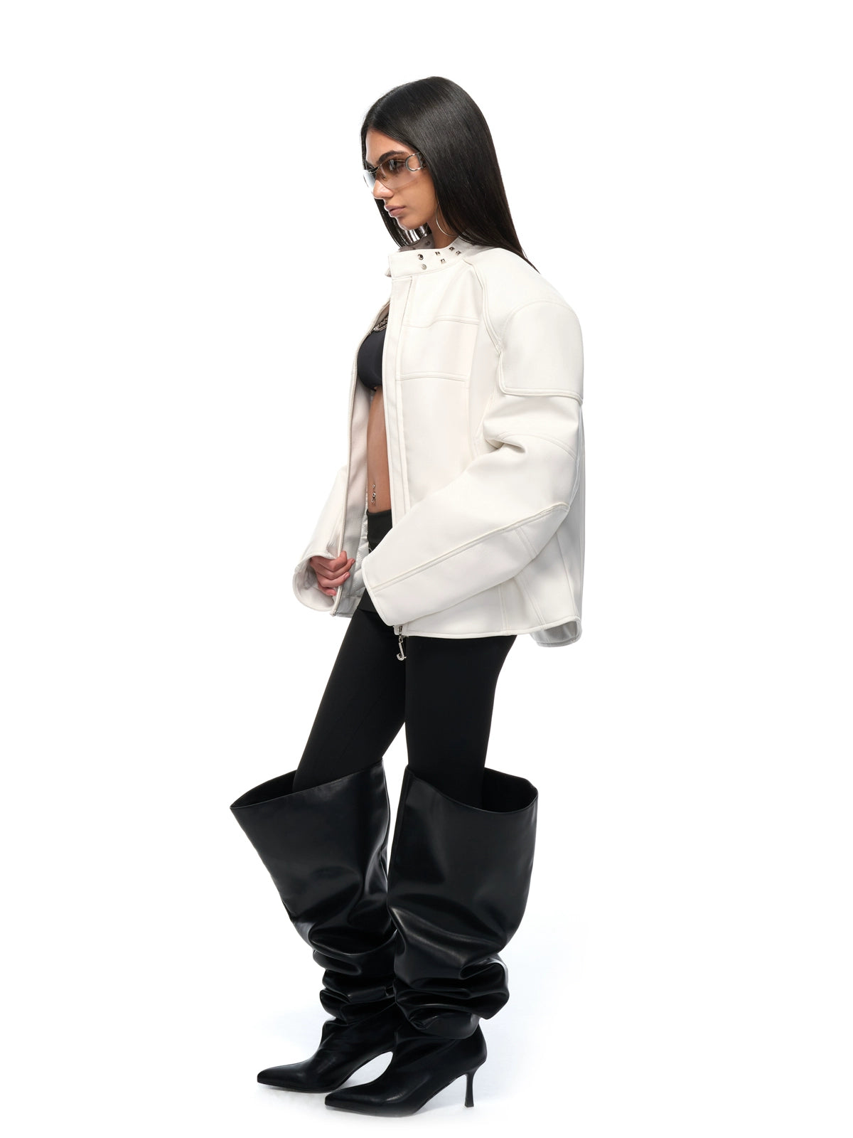 White Studded Stand-Collar Oversized Jacket