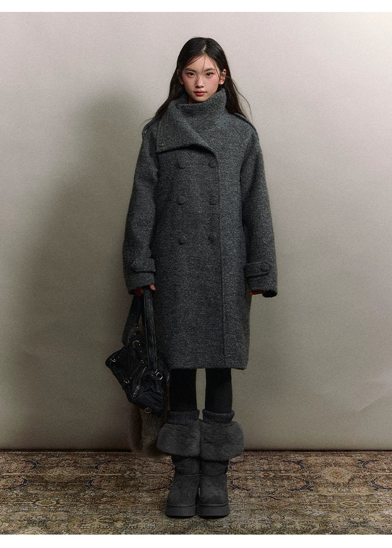 Stand-Collar Bouclé Wool Long Coat