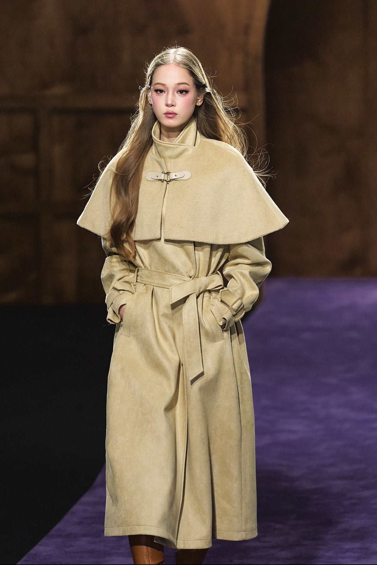 Shimmer Wool Cape Overlay & Suede Long Detachable Belt Coat