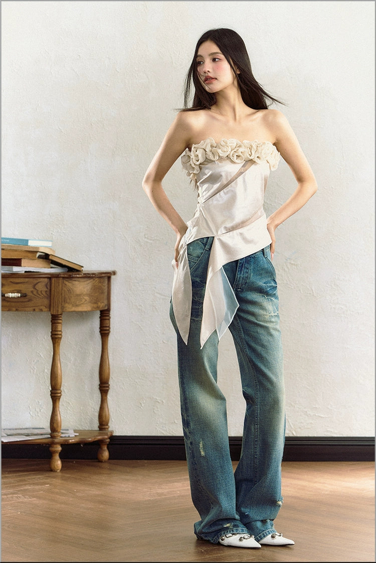 Pink & White Rose Floral Mesh Strapless Camisole - CHINASQUAD