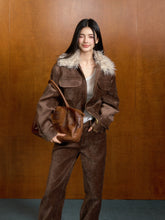 Vintage Brown Suede Jacket with Removable Fur Collar - CHINASQUAD