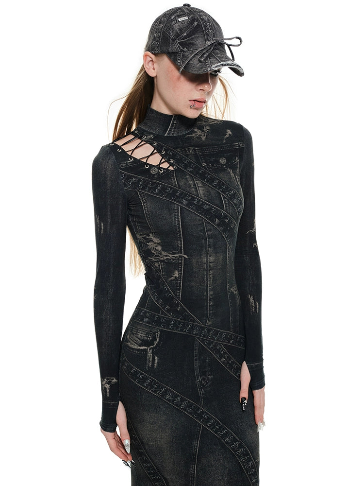 Denim Blue & Black Floral Print Long Dress - CHINASQUAD