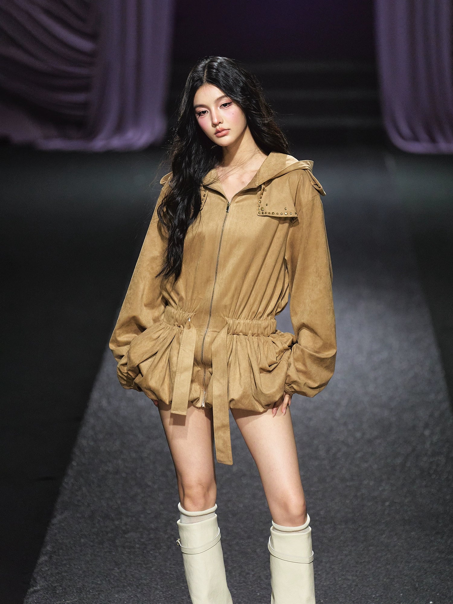 Studded Suede Hooded Trench Coat - CHINASQUAD