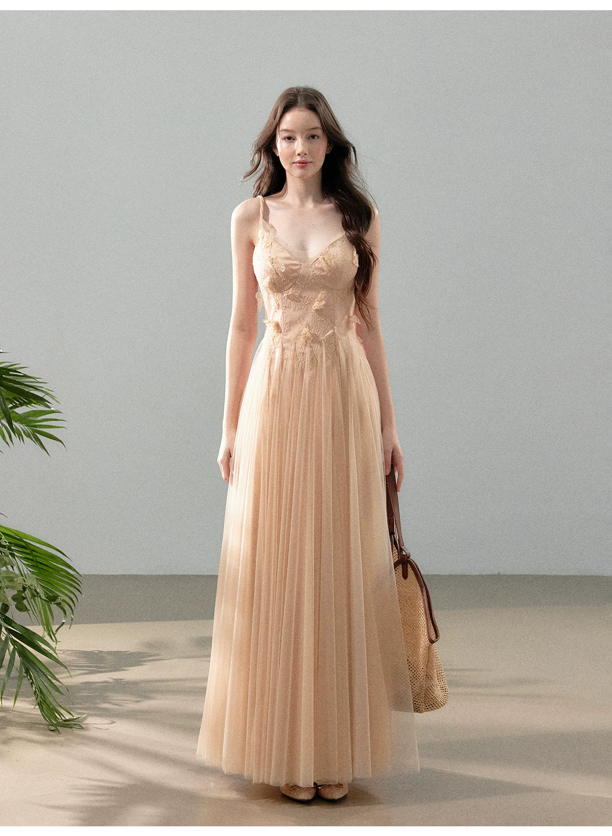 Peach Mist Floral Tulle Layered Slip Maxi Dress