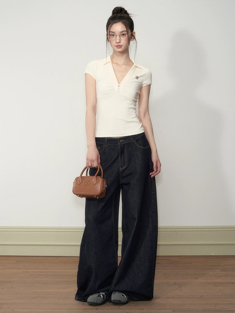 Pleated Checkered Polo V-Neck T-shirt - CHINASQUAD