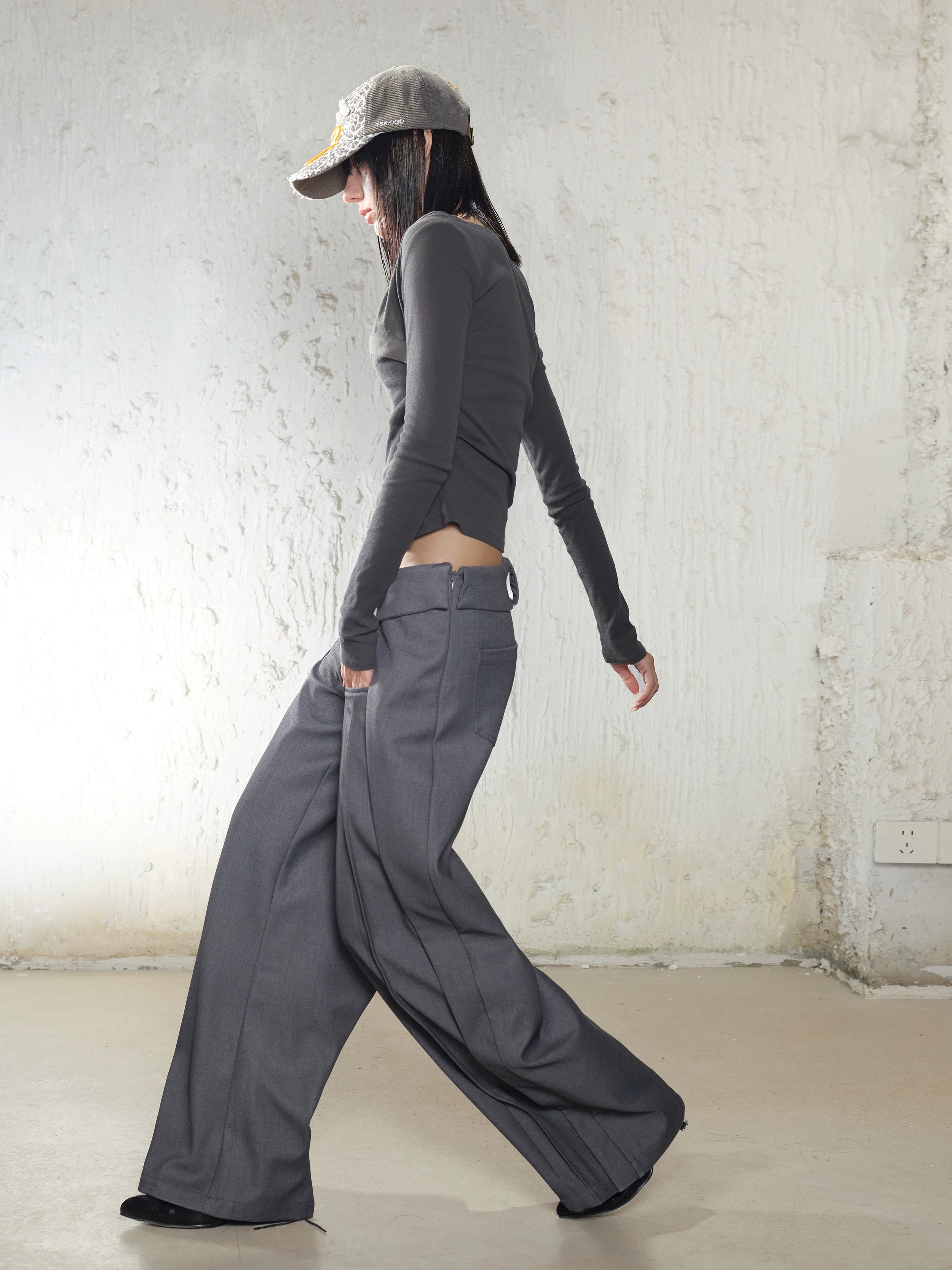 Irregular Folded-Waist Wide-Leg Trousers
