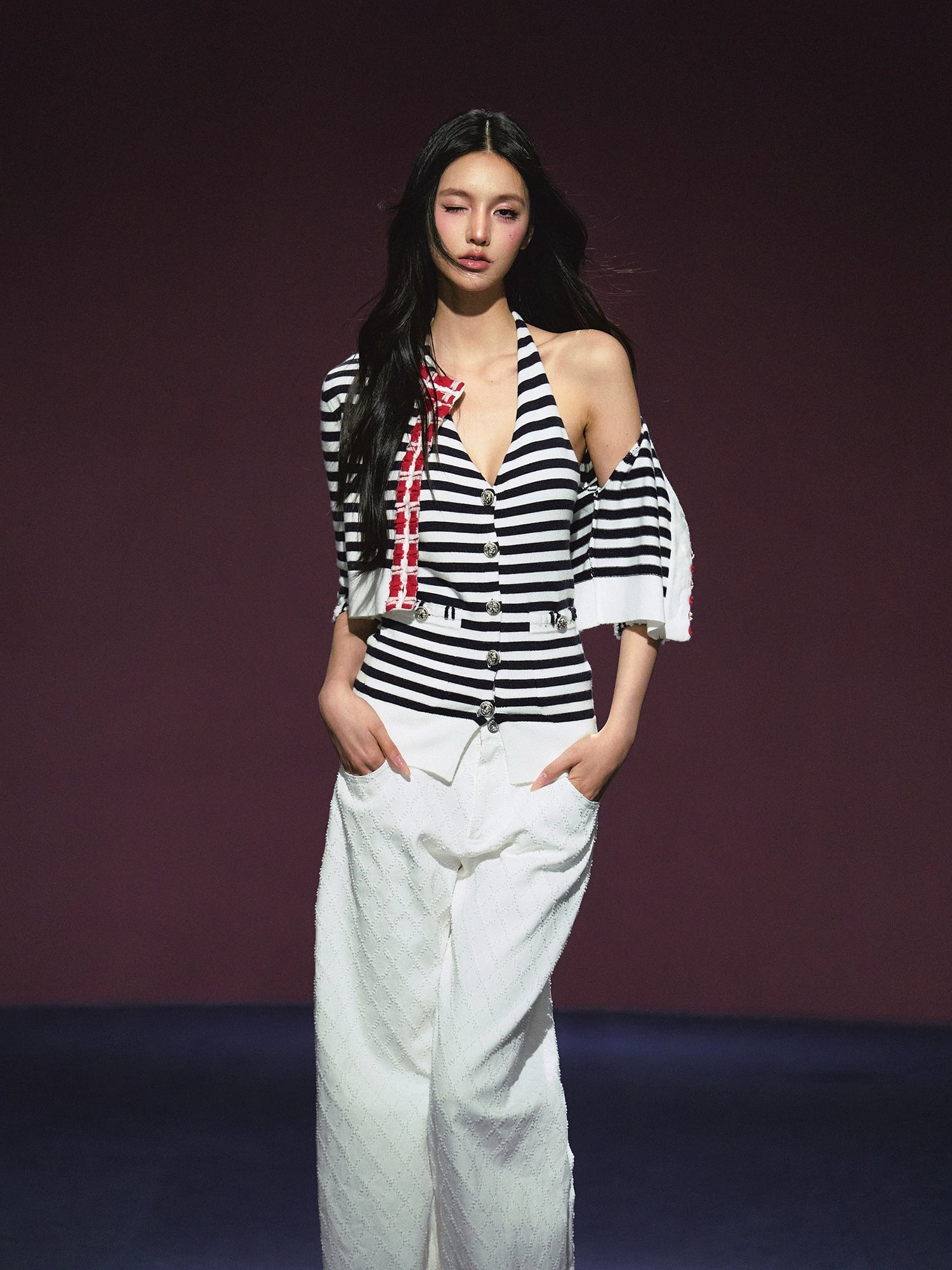 Contrast Stripe Halter Camisole Tank Top & Cardigan Set - CHINASQUAD